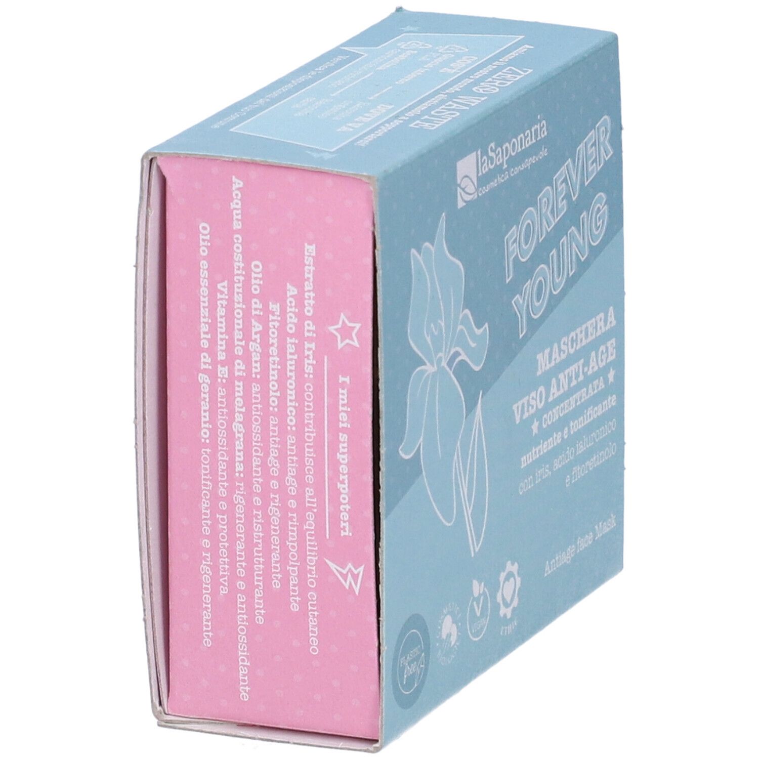 Confezione maschera viso, angolata. Azzurro con testo e fiore bianco. Lato rosa con ingredienti. Logo vegano.