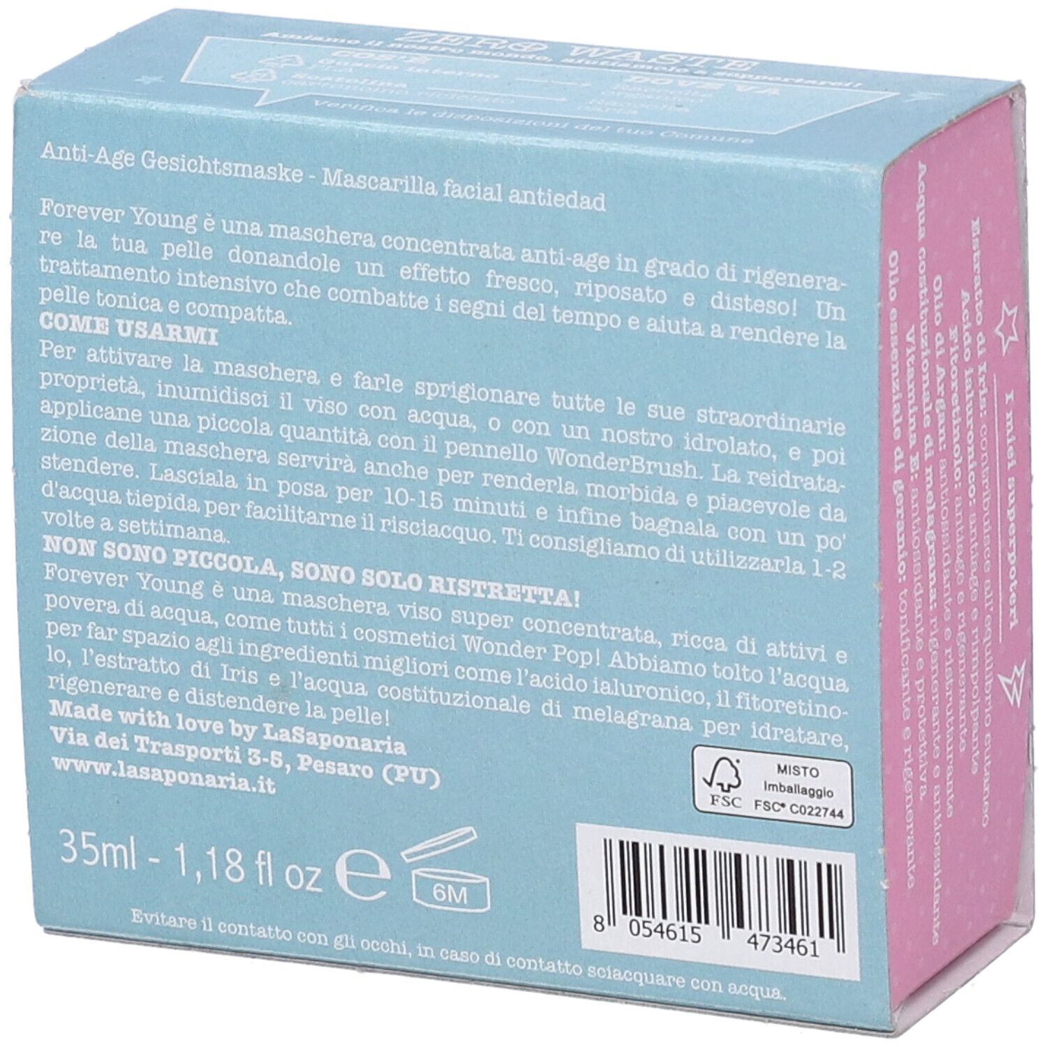 Retro della confezione maschera viso. Azzurro con testo. Lato rosa con istruzioni. Logo FSC. 35ml, 1.18 fl oz.