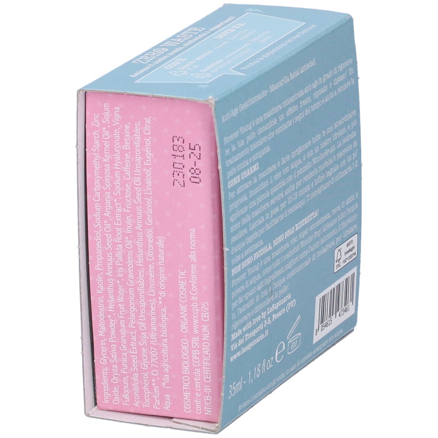 Confezione maschera viso, angolata. Azzurro con testo. Lato rosa con ingredienti. 35ml, 1.18 fl oz. Data di scadenza.