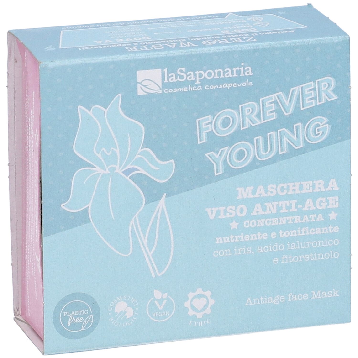 Confezione maschera viso. Azzurro con fiore bianco e testo: Forever Young, Maschera Viso Anti-Age. Logo plastic-free.