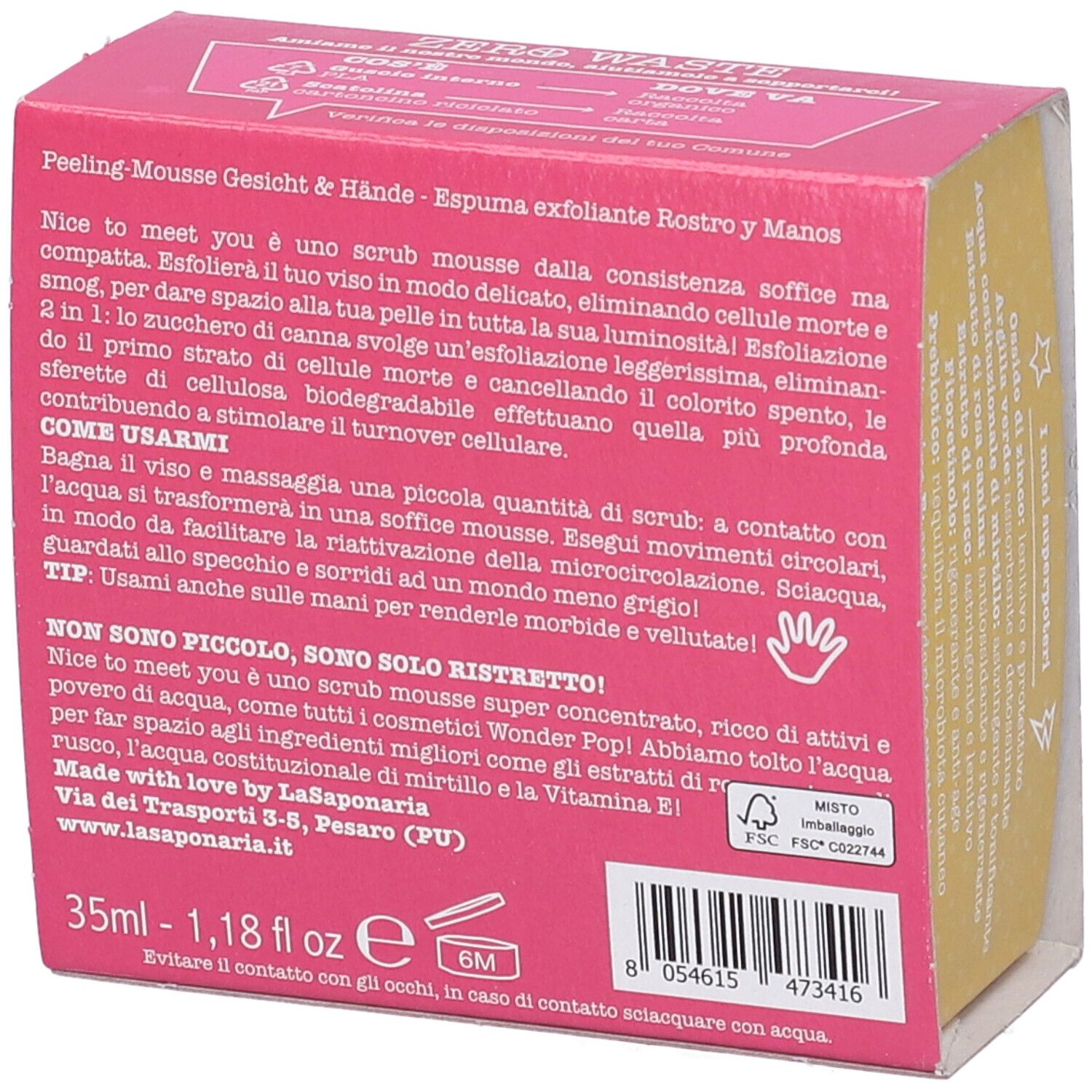 Retro della confezione rosa. Testo multilingue. Contiene ingredienti e istruzioni. Logo FSC. 35ml - 1.18 fl oz.