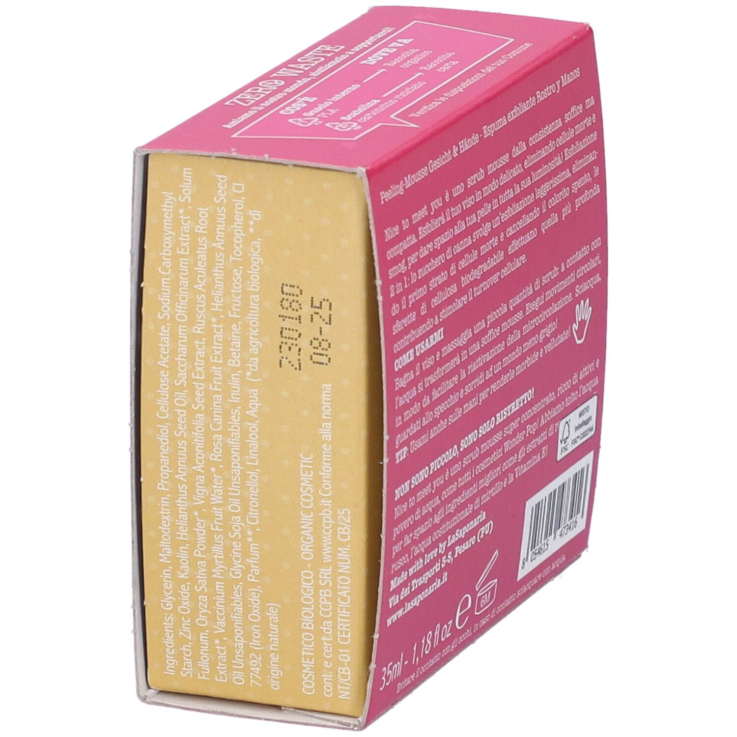 Vista obliqua della confezione. Colori rosa e giallo. Testo: "ZERO WASTE". Contiene ingredienti e certificazioni.