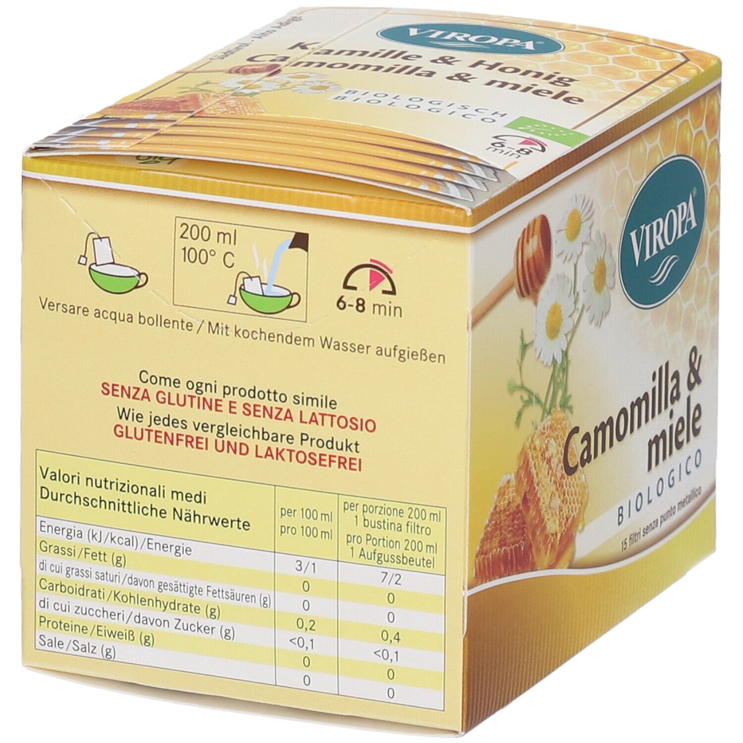 Retro della confezione Viropa Camomilla & Miele Bio Filtri. Contiene informazioni nutrizionali, istruzioni per la preparazione e il logo.