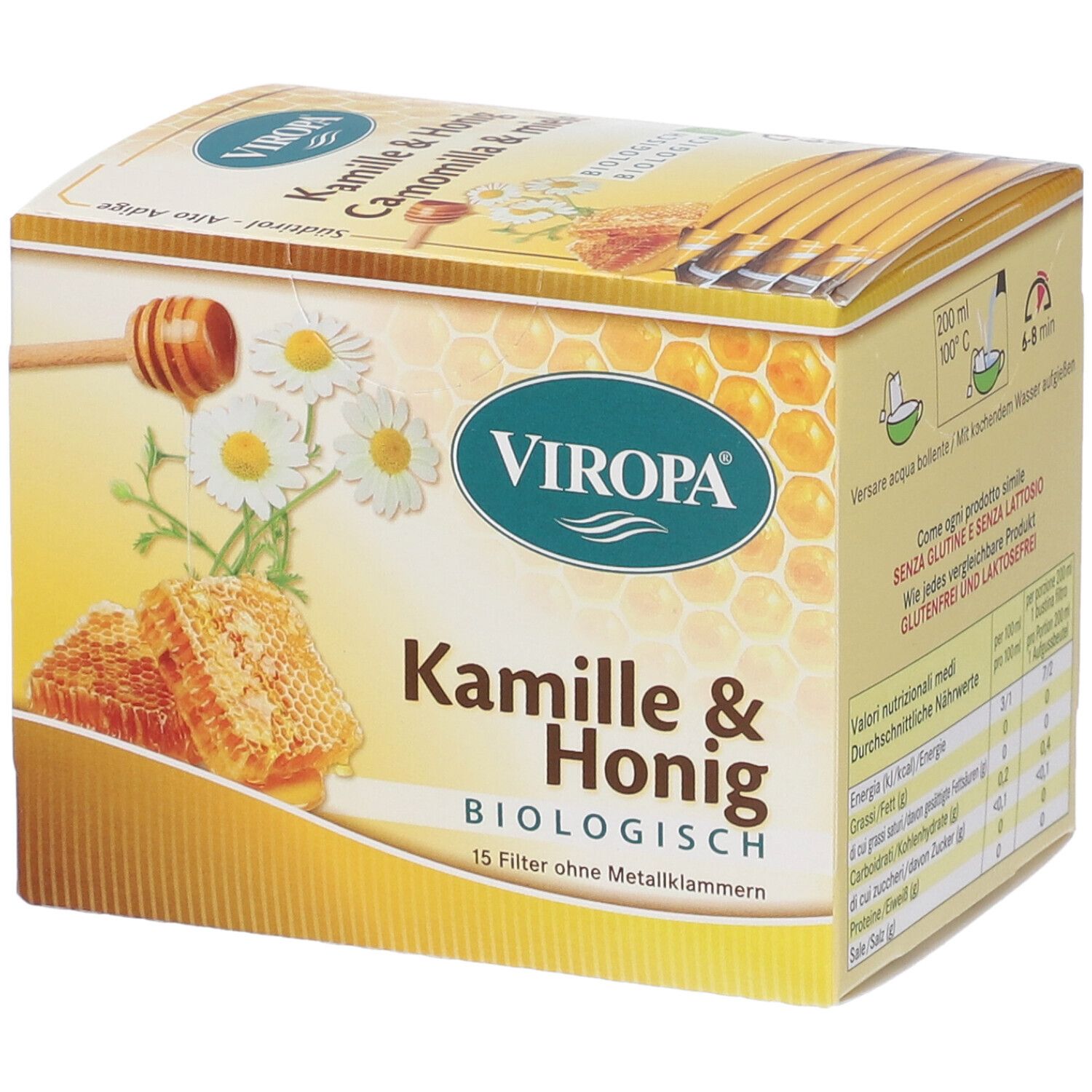 Confezione Viropa Kamille & Honig Bio. Scatola giallo-marrone con nome del prodotto, illustrazioni di camomilla e miele e sigillo biologico.