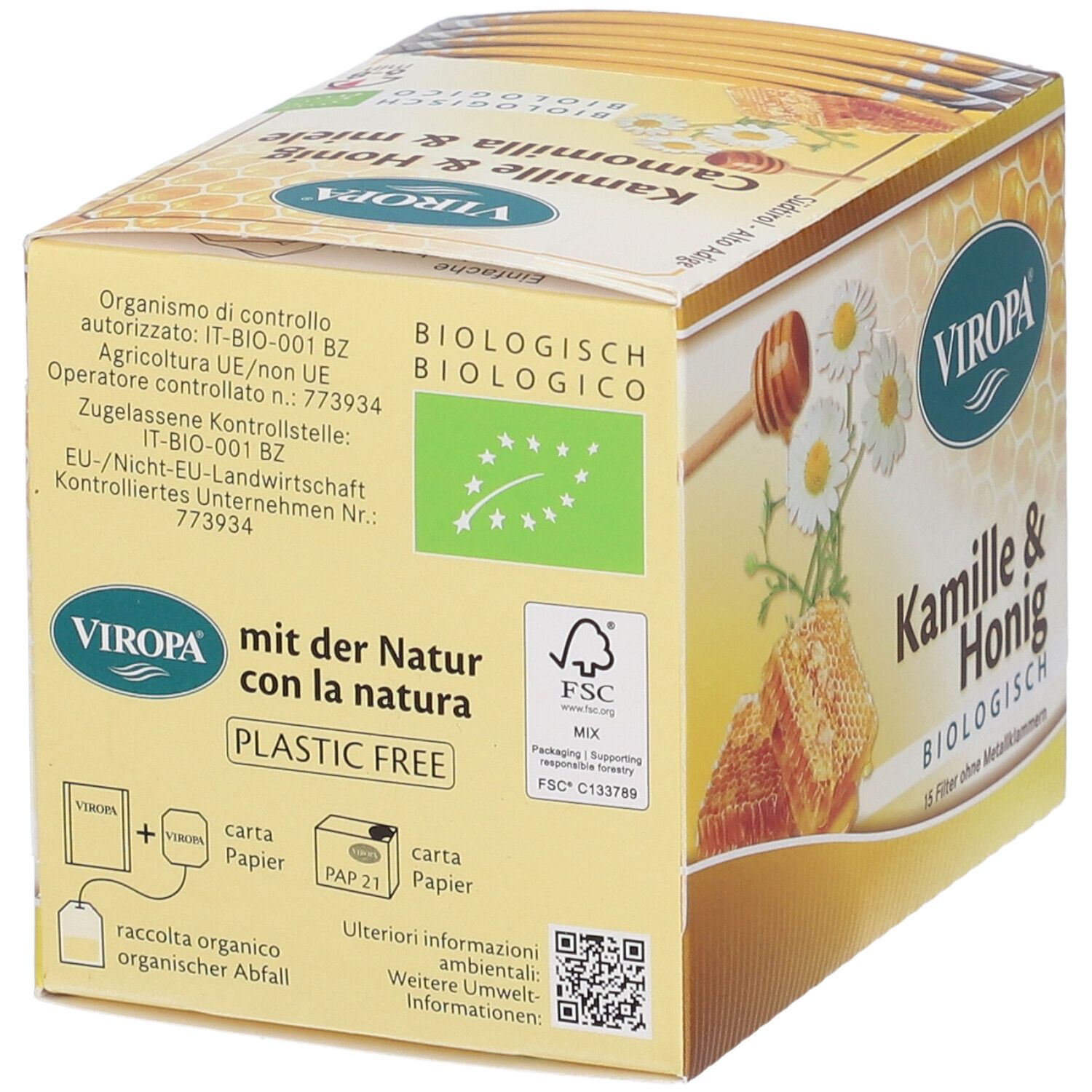 Retro della confezione Viropa Kamille & Honig Bio. Contiene informazioni su certificazioni, ingredienti e riciclaggio.