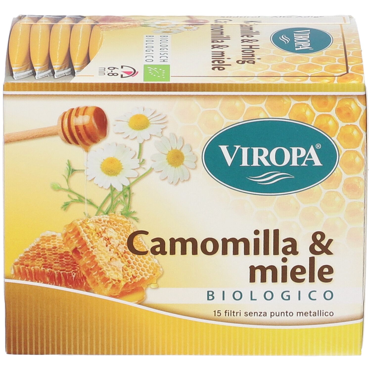 Confezione Viropa Camomilla & Miele Bio Filtri. Scatola giallo-marrone con nome del prodotto, illustrazioni di camomilla e miele e sigillo biologico.
