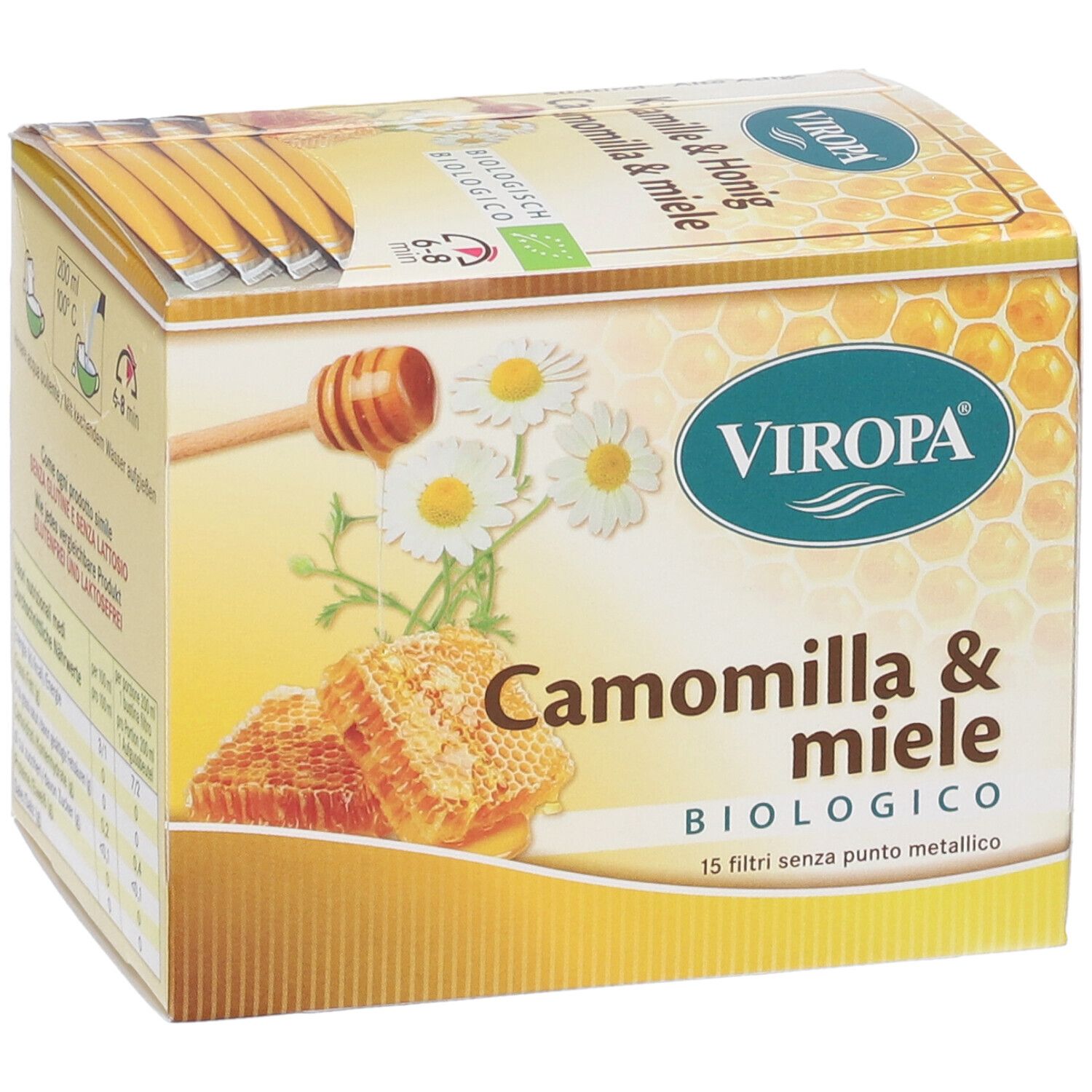 Confezione Viropa Camomilla & Miele Bio Filtri. Scatola giallo-marrone con nome del prodotto, illustrazioni di camomilla e miele e sigillo biologico.