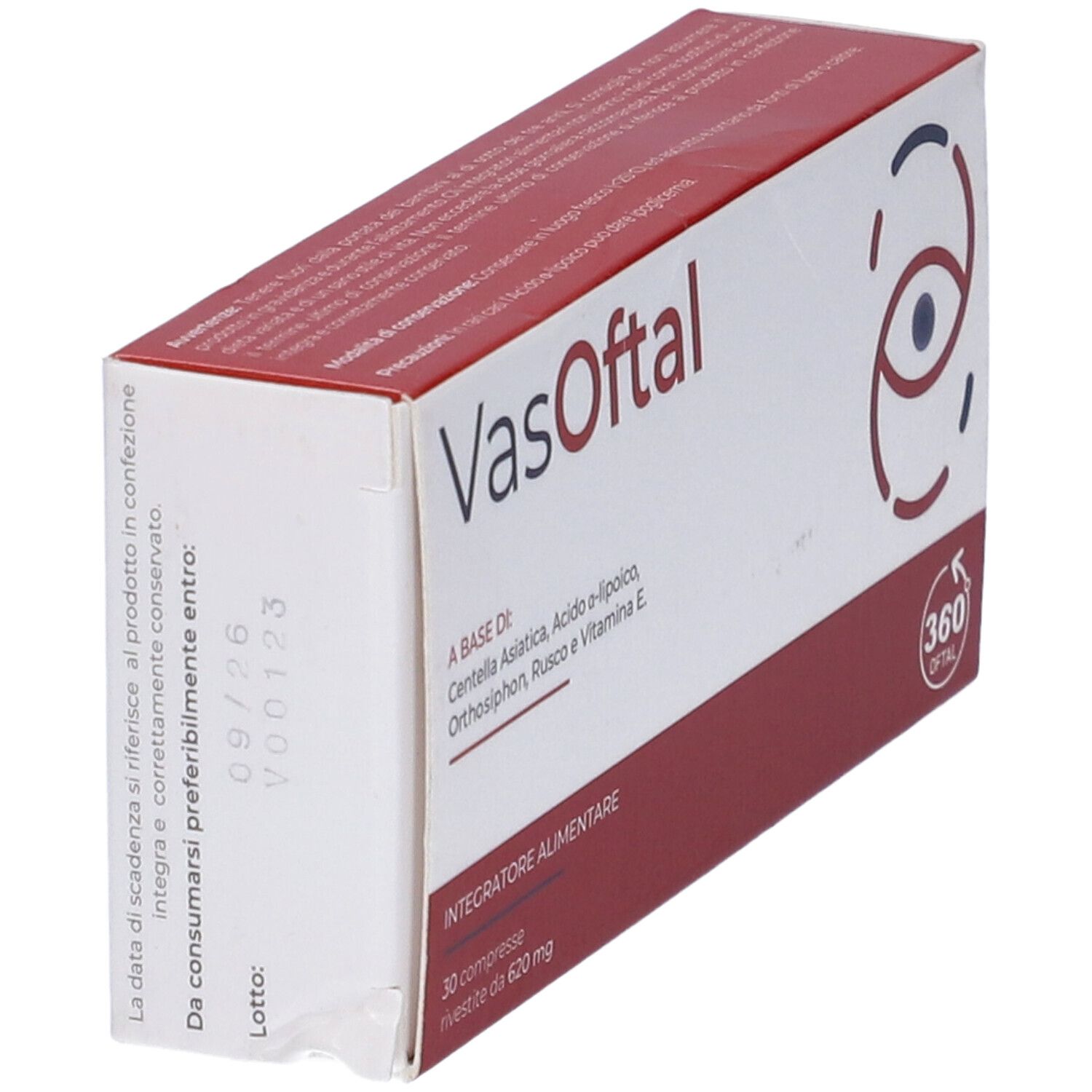 Scatola di Vasoftal. Scatola bianca e rossa con nome del prodotto e ingredienti. 30 compresse.
