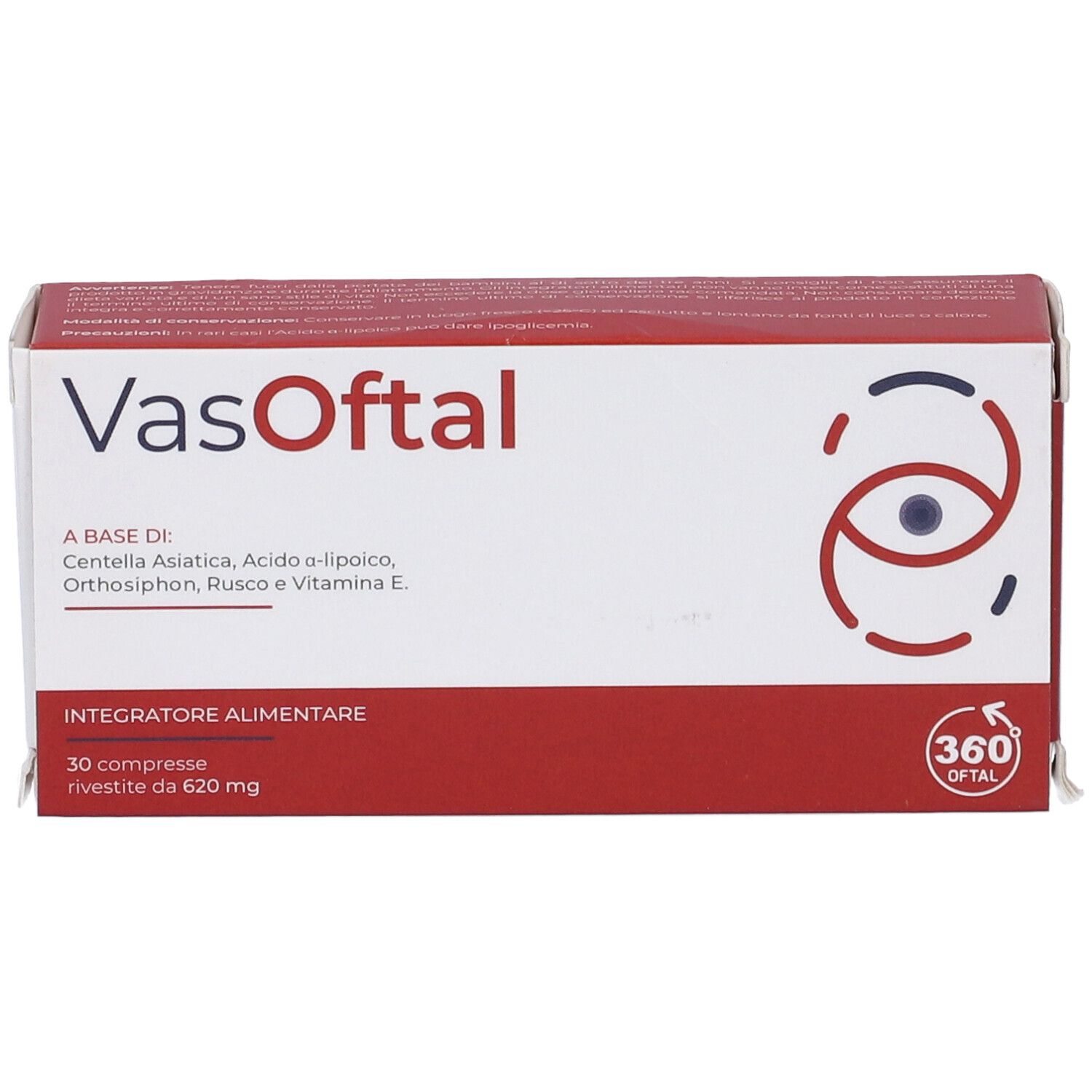 Scatola di Vasoftal. Scatola bianca e rossa con nome del prodotto e ingredienti. 30 compresse.