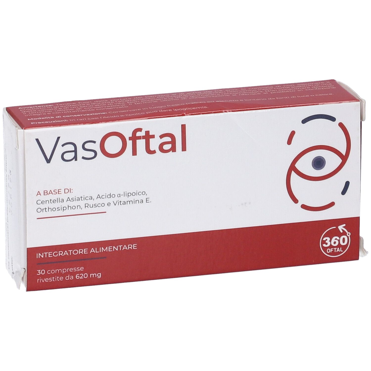 Scatola di Vasoftal. Scatola bianca e rossa con nome del prodotto e ingredienti. 30 compresse.