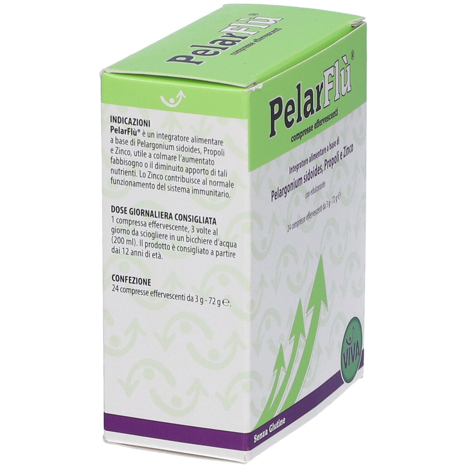 Scatola PelarFlu con logo e testo. Informazioni su ingredienti e dosaggio. Logo Viva.