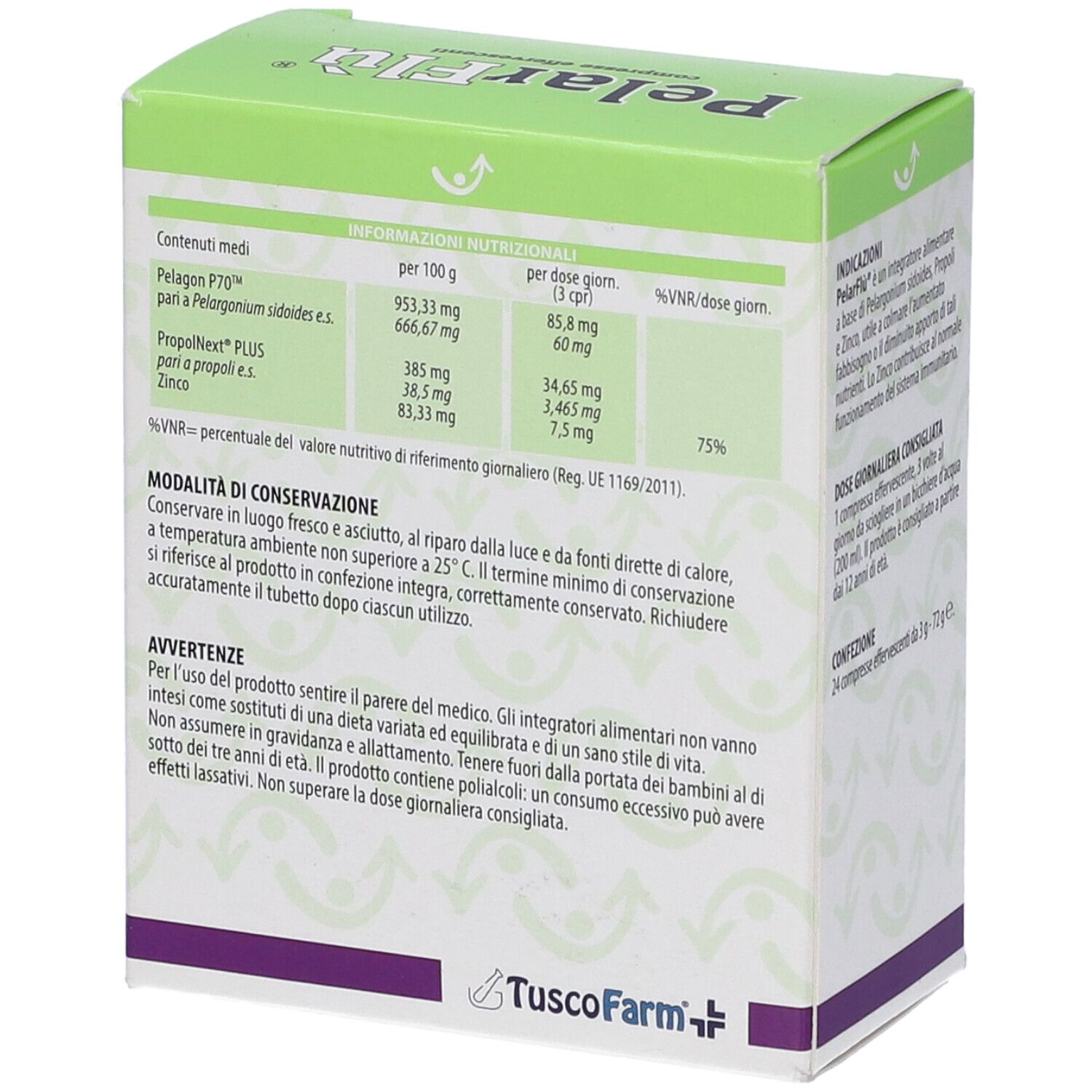 Scatola PelarFlu con logo e testo. Informazioni nutrizionali e avvertenze. Logo TuscoFarm.