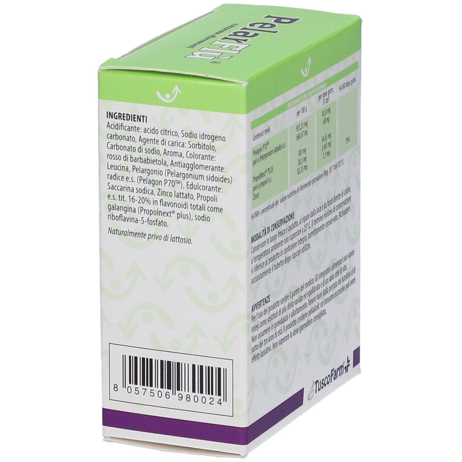 Scatola PelarFlu con logo e testo. Elenco ingredienti e codice a barre. Logo TuscoFarm.