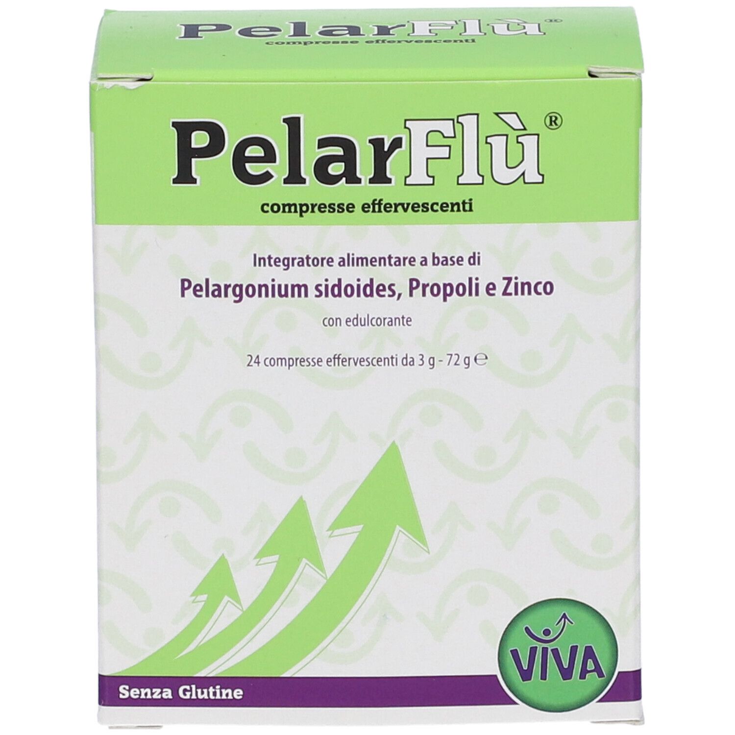 Scatola verde PelarFlu con logo e testo. Contiene 24 compresse effervescenti. Grafica frecce. Logo Viva.