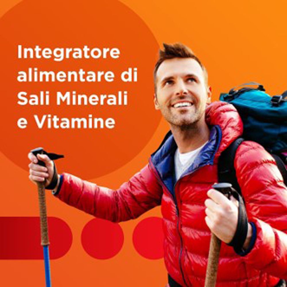 Uomo con bastoncini da trekking. Testo: Integratore alimentare di Sali Minerali e Vitamine. Sfondo arancione.