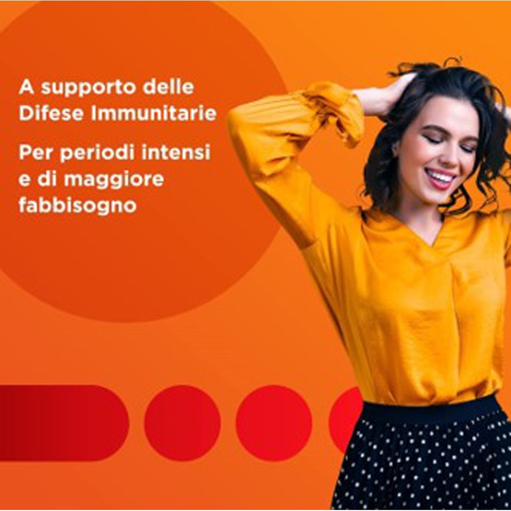 Donna con mani tra i capelli. Sfondo arancione. Testo: A supporto delle Difese Immunitarie. Per periodi intensi.