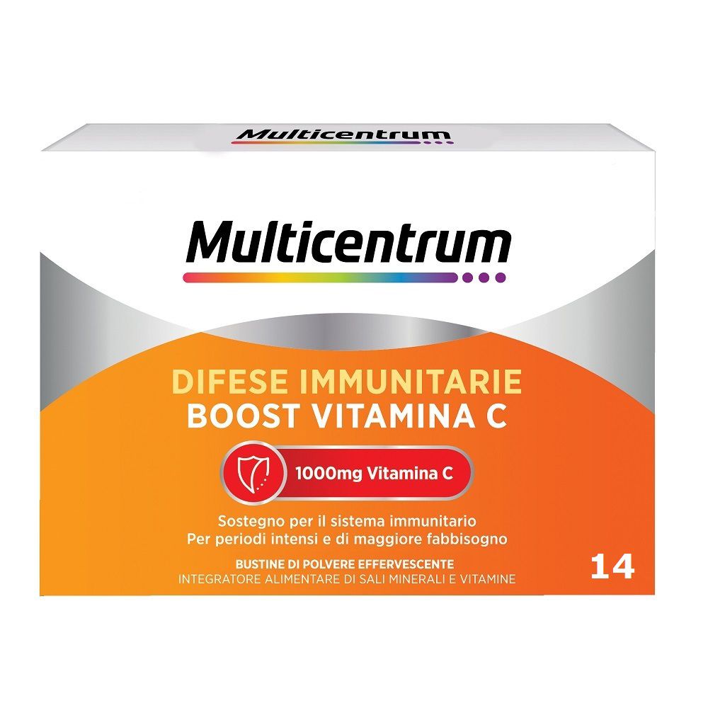 Confezione Multicentrum. Scritta: Difese Immunitarie Boost Vitamina C, 1000mg Vitamina C, 14 bustine.
