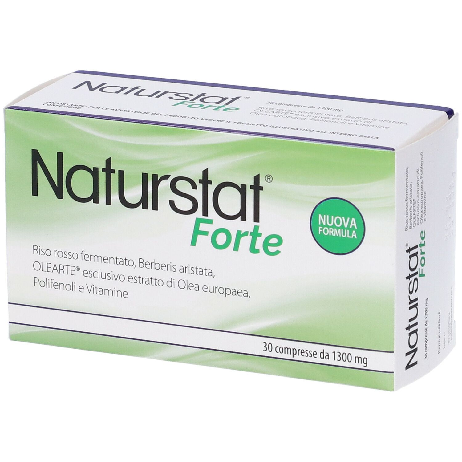 Confezione Naturstat Forte. Scritto: Naturstat Forte, 30 compresse da 1300 mg. Confezione verde e bianca.