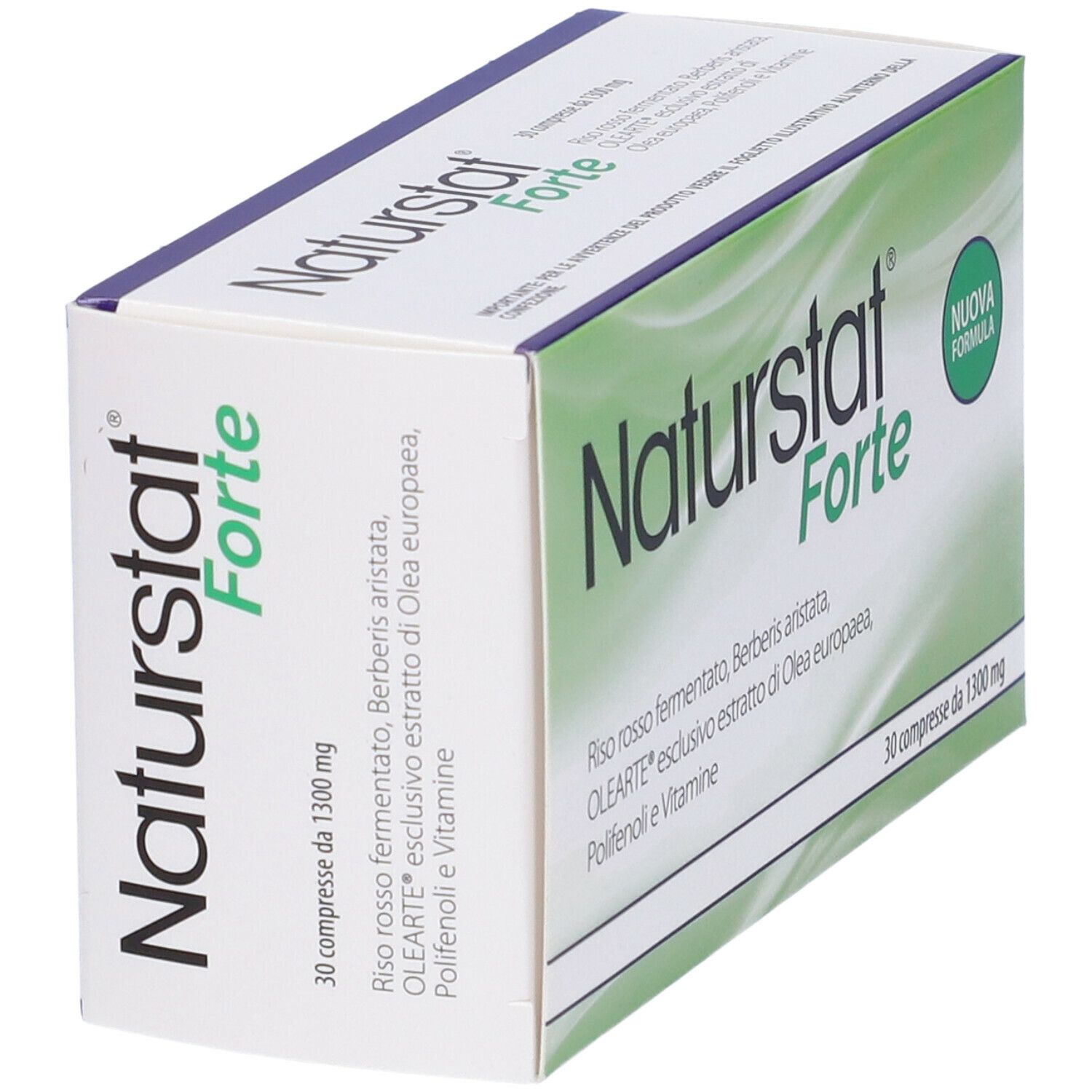 Scatola Naturstat Forte. Scritto: Naturstat Forte, 30 compresse da 1300 mg. Confezione verde e bianca.