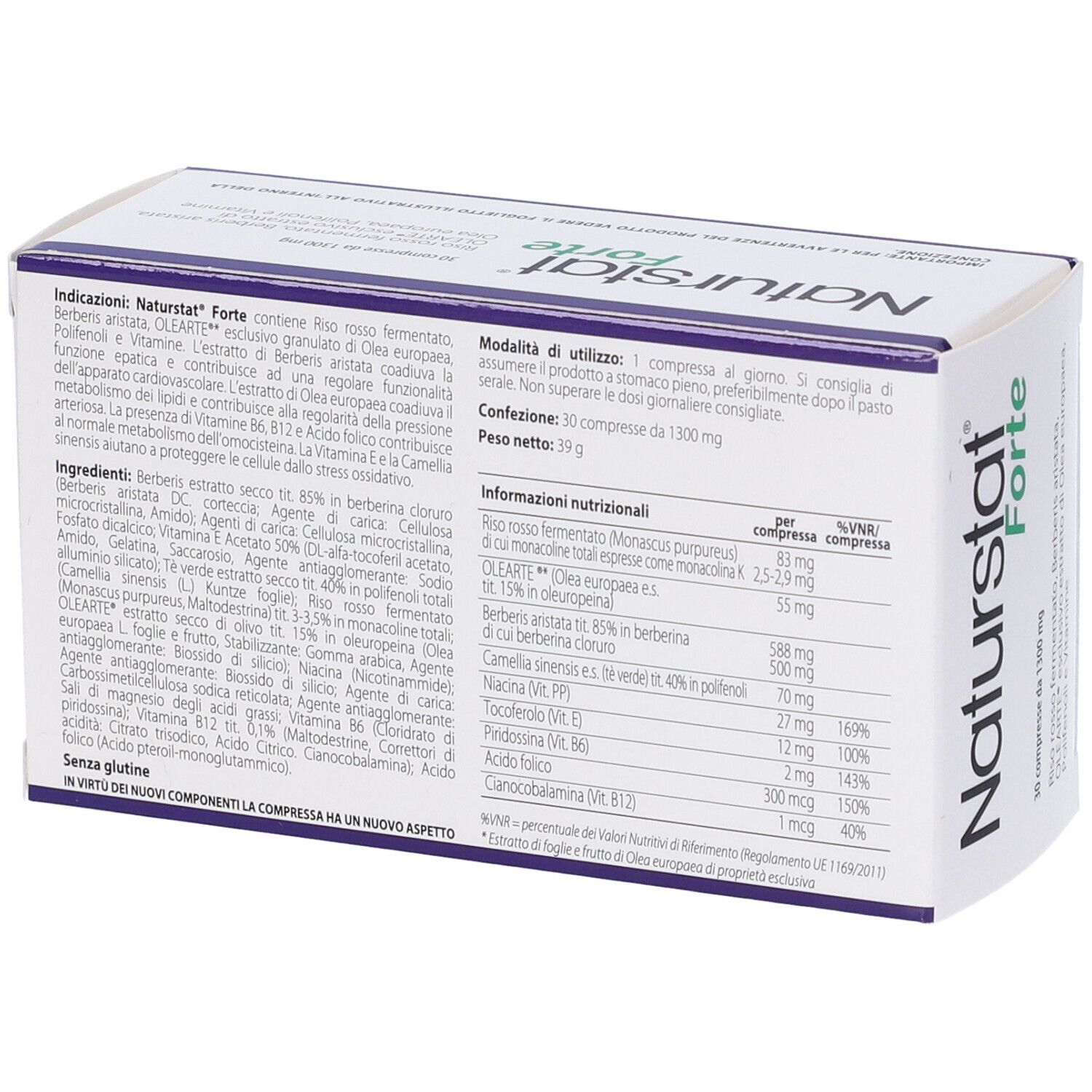 Confezione Naturstat Forte. Scritto: Naturstat Forte, 30 compresse da 1300 mg. Testo e ingredienti.