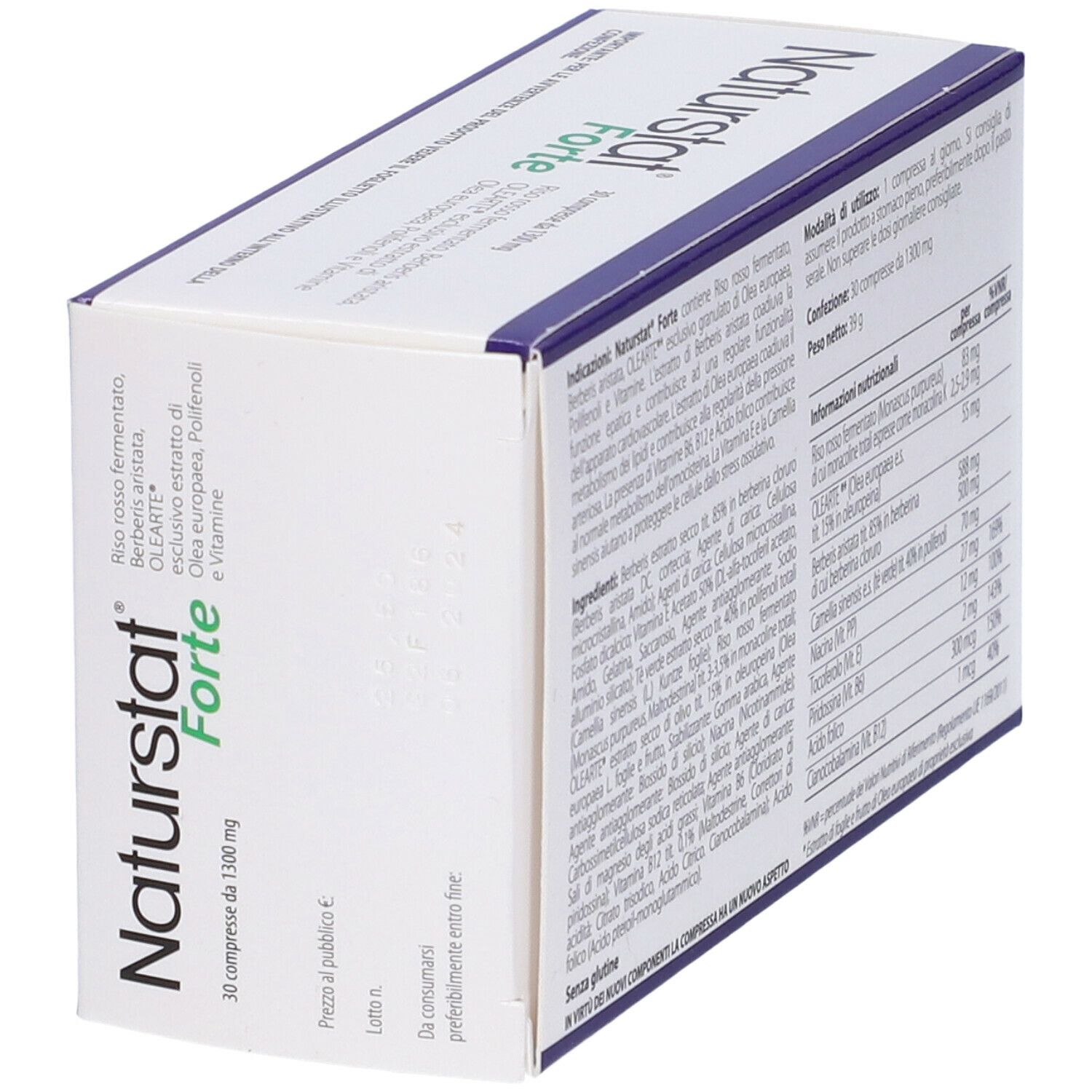Confezione Naturstat Forte. Scritto: Naturstat Forte, 30 compresse da 1300 mg. Testo e ingredienti.