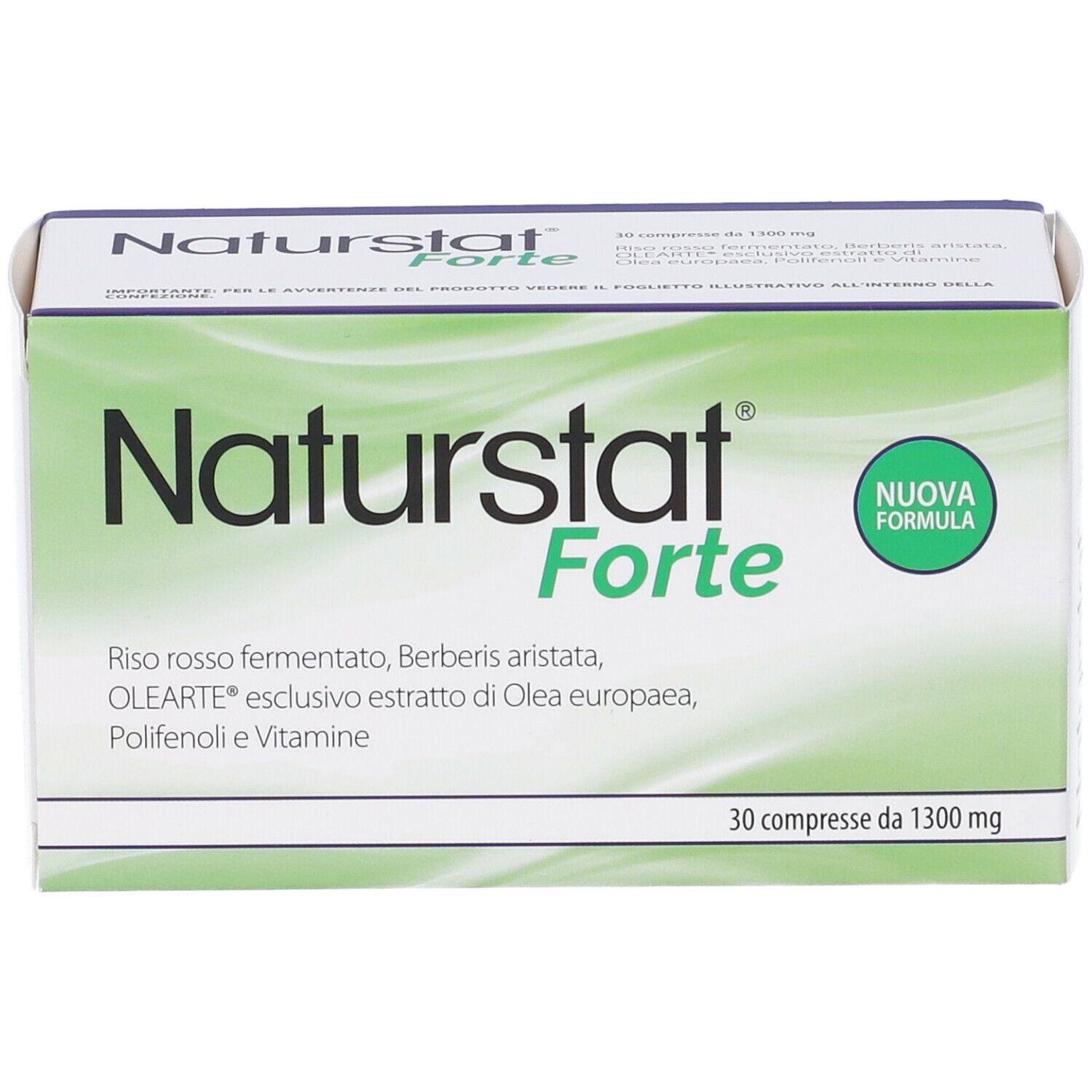 Confezione Naturstat Forte. Scritto: Naturstat Forte, 30 compresse da 1300 mg. Confezione verde e bianca.