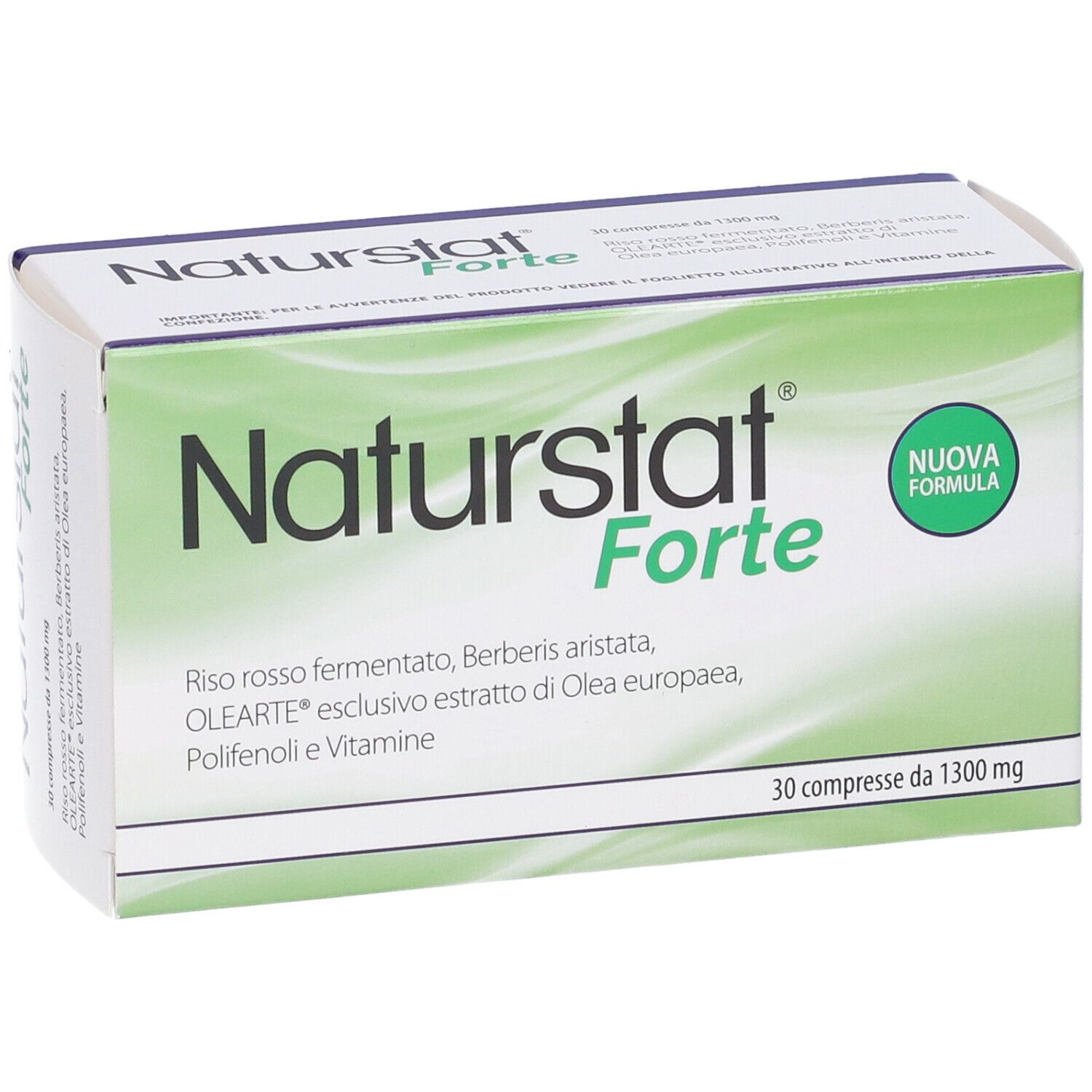 Confezione Naturstat Forte. Scritto: Naturstat Forte, 30 compresse da 1300 mg. Confezione verde e bianca.