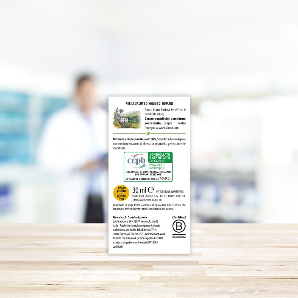 Retro della confezione Sedivitax Advanced. Informazioni sull'uso e sugli ingredienti.