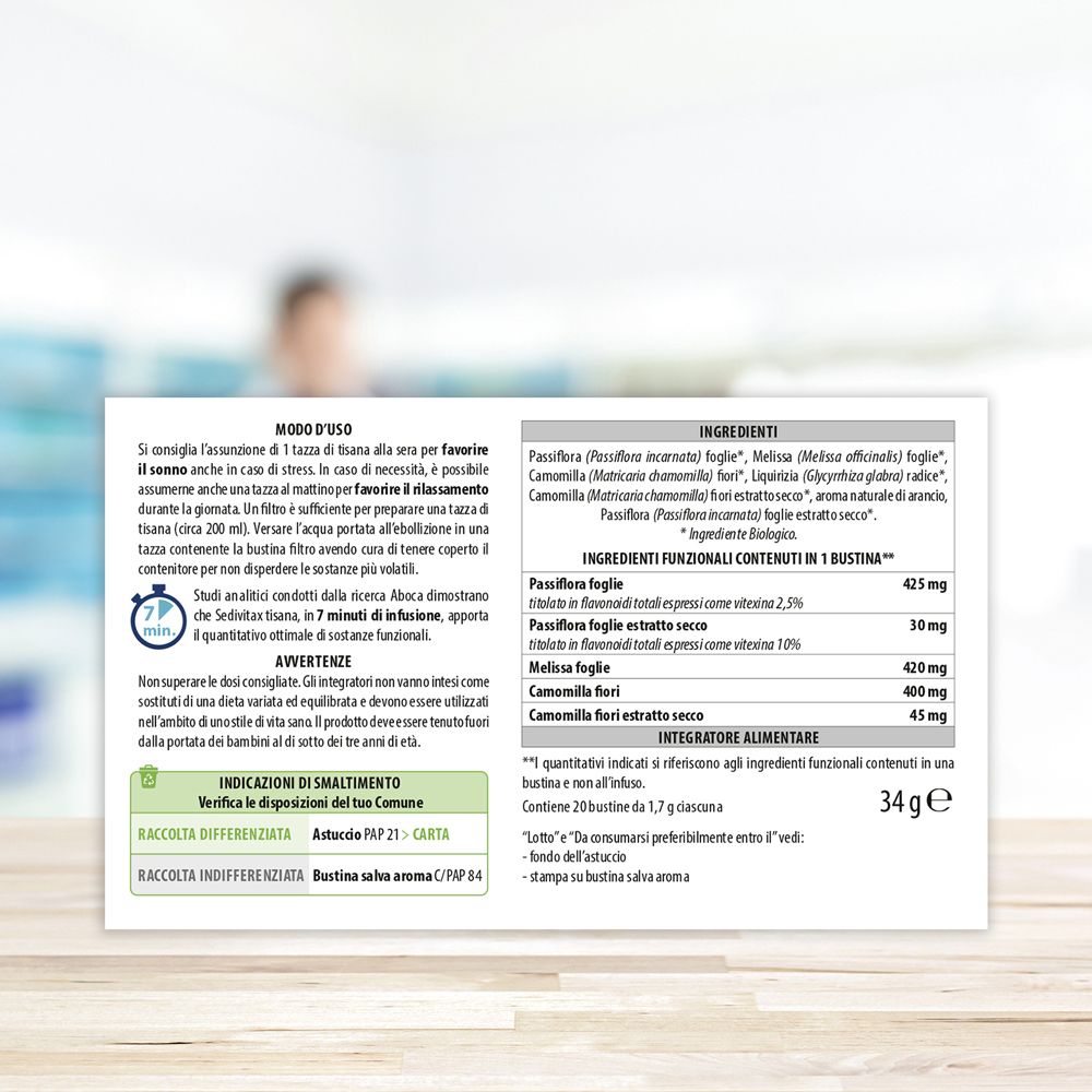 Retro della confezione Sedivitax Tisana. Elenco ingredienti. Istruzioni per l'uso. Informazioni sullo smaltimento. 34g.
