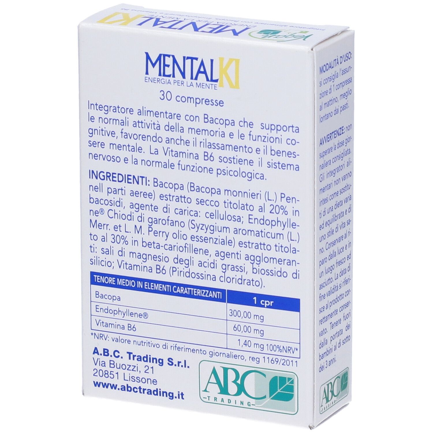 Retro della confezione "MENTALKI". Contiene ingredienti e informazioni nutrizionali. Logo ABC-Trading.