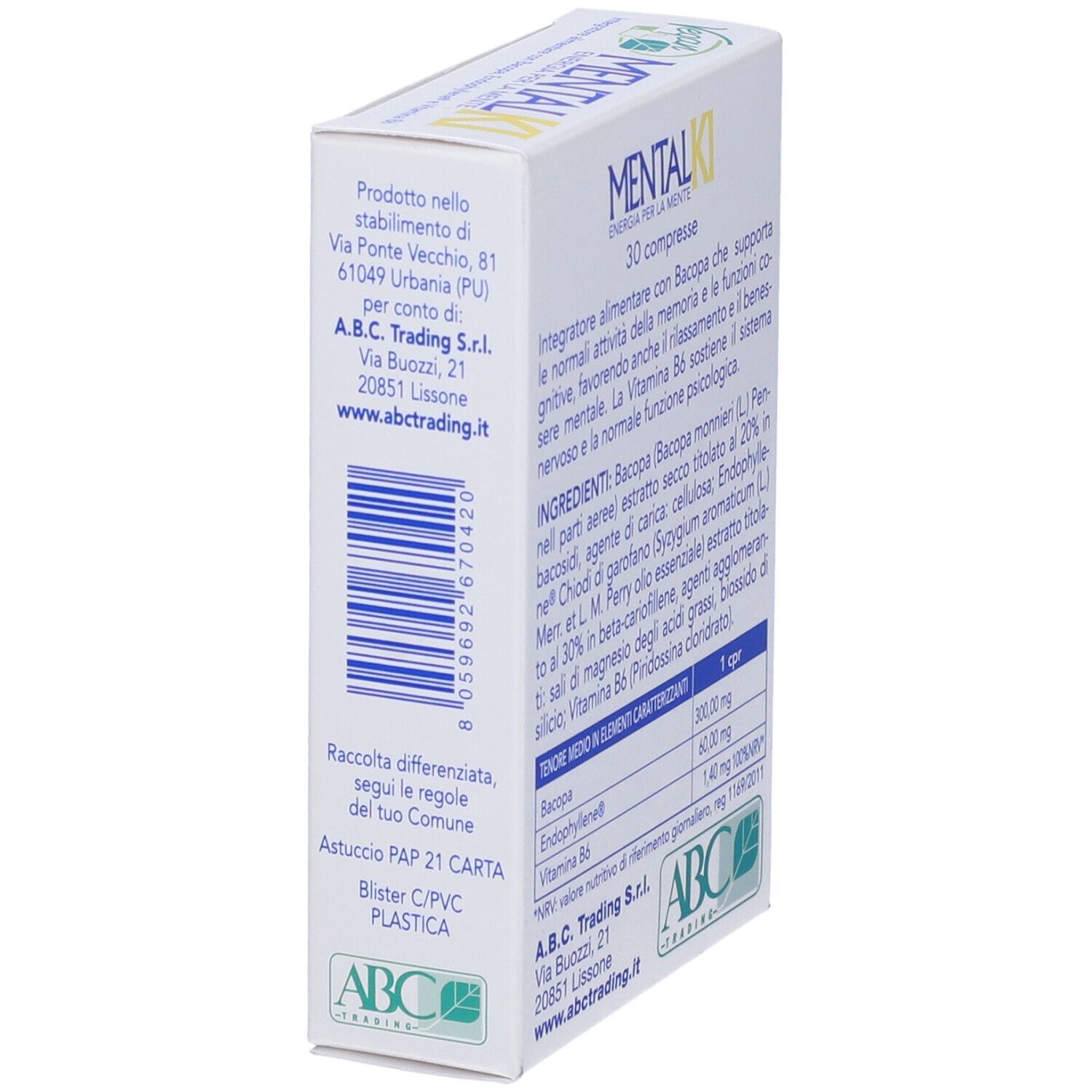 Vista laterale della confezione "MENTALKI". Contiene testo e logo ABC-Trading. Informazioni sul riciclo.