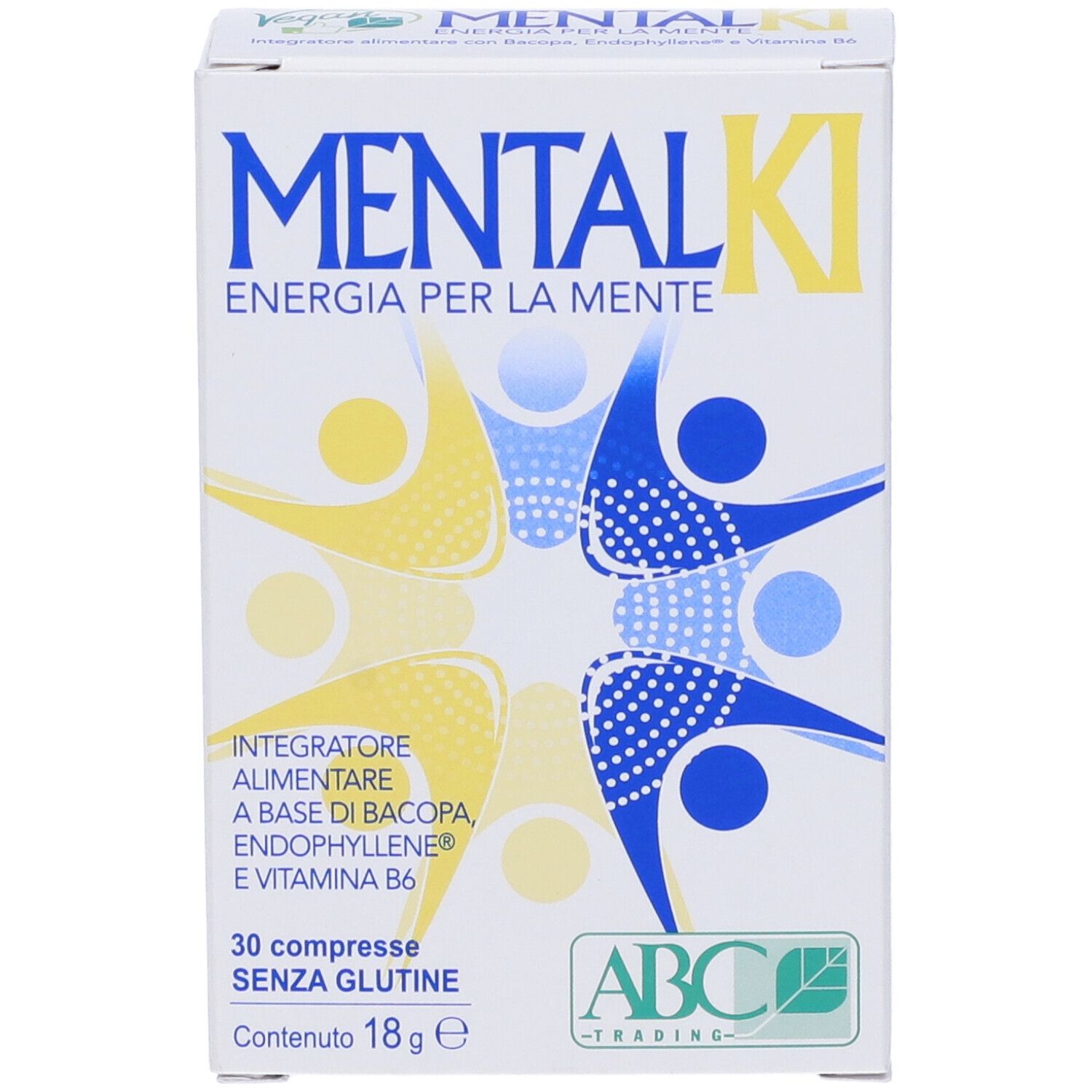 Vista frontale della confezione "MENTALKI". Contiene 30 compresse. Visibili "ENERGIA PER LA MENTE" e "SENZA GLUTINE".