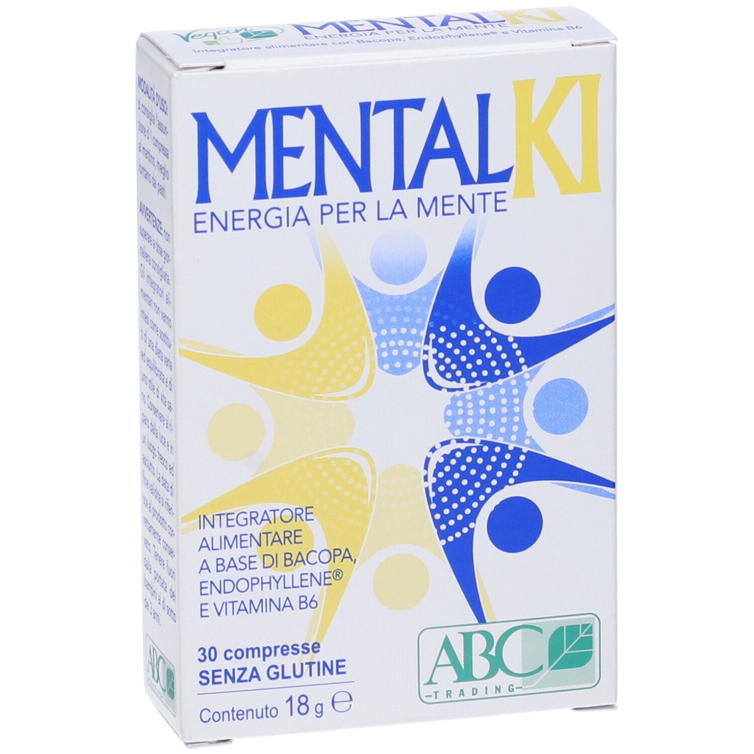Vista angolata della confezione "MENTALKI". Contiene 30 compresse. "ENERGIA PER LA MENTE" e logo ABC-Trading.
