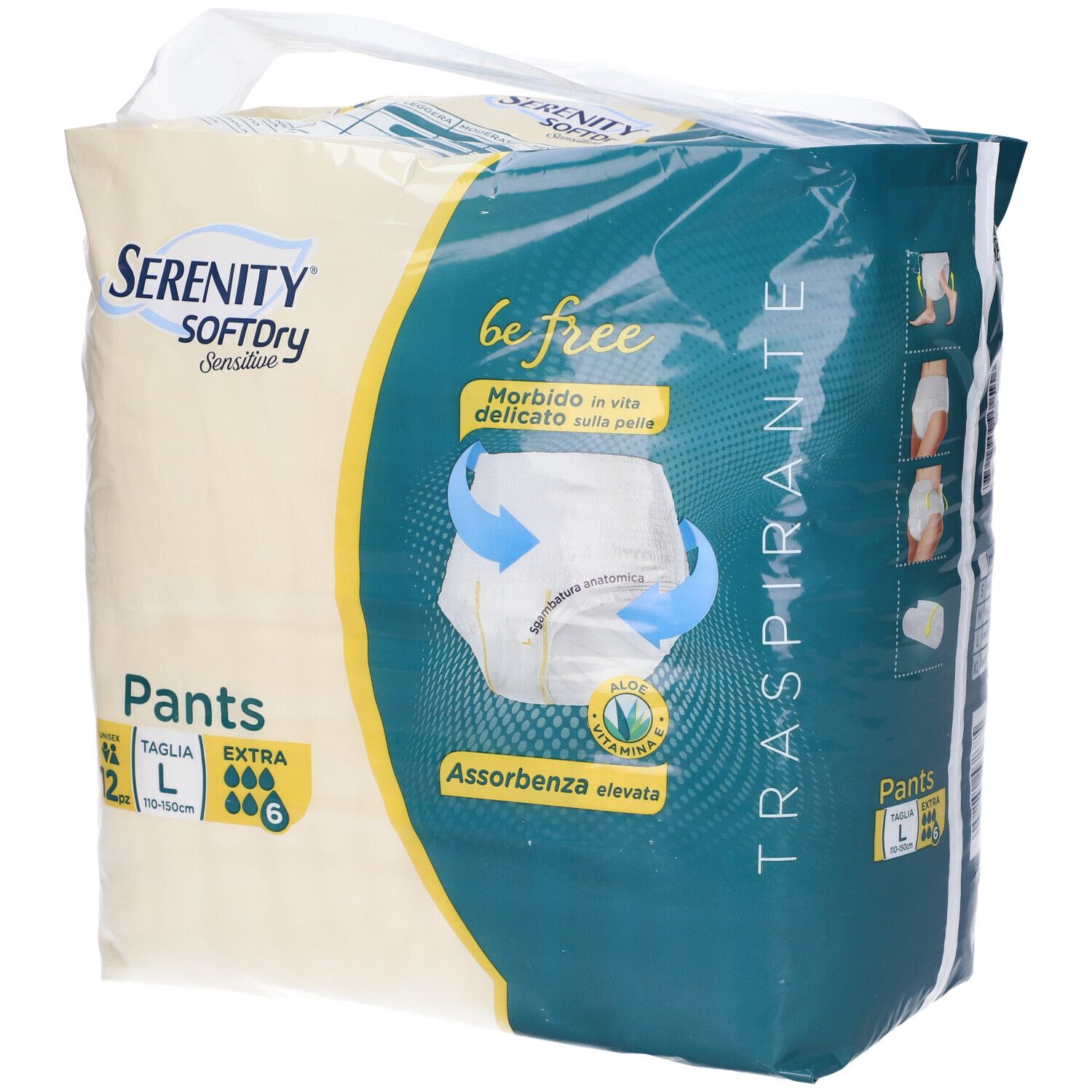 Confezione Serenity Pants, taglia L, Extra, 6 pezzi. Visibile: marchio, nome prodotto, assorbenza, traspirante.