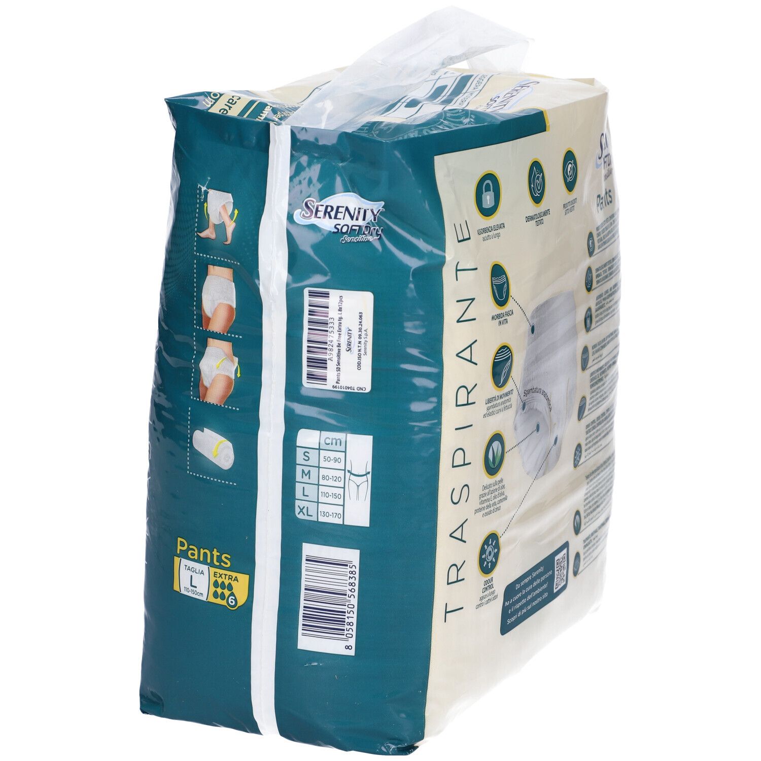 Retro confezione Serenity Pants. Visibili: informazioni taglie, marchio CE, illustrazione prodotto.