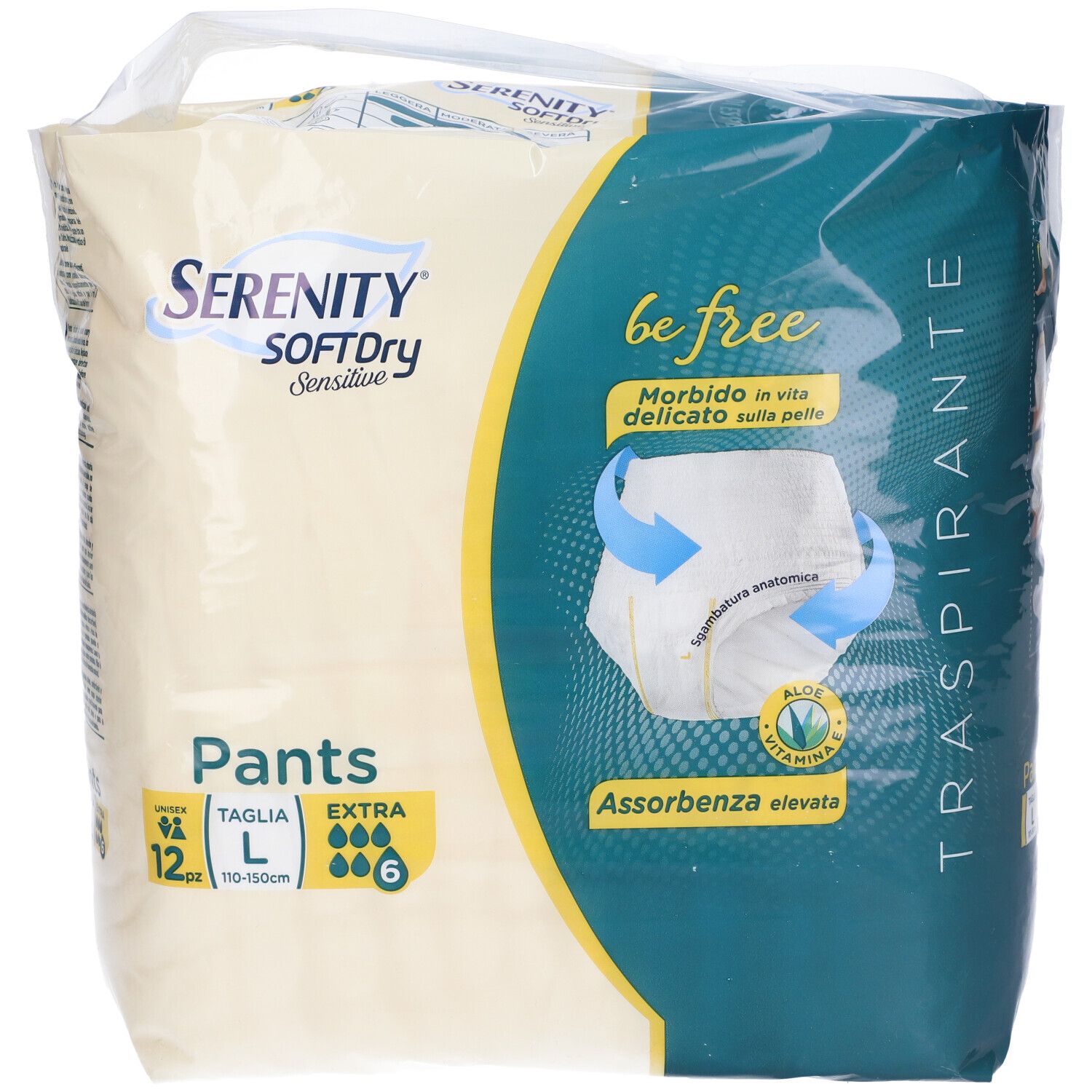 Confezione Serenity Pants, taglia L, Extra, 6 pezzi. Visibile: marchio, nome prodotto, assorbenza, traspirante.