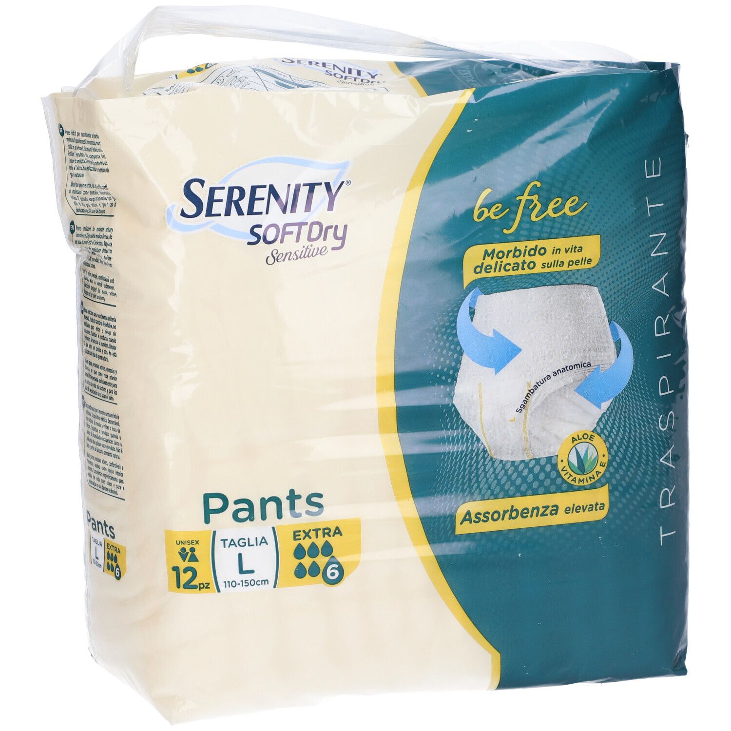 Confezione Serenity Pants, taglia L, Extra, 6 pezzi. Visibile: marchio, nome prodotto, assorbenza, traspirante.