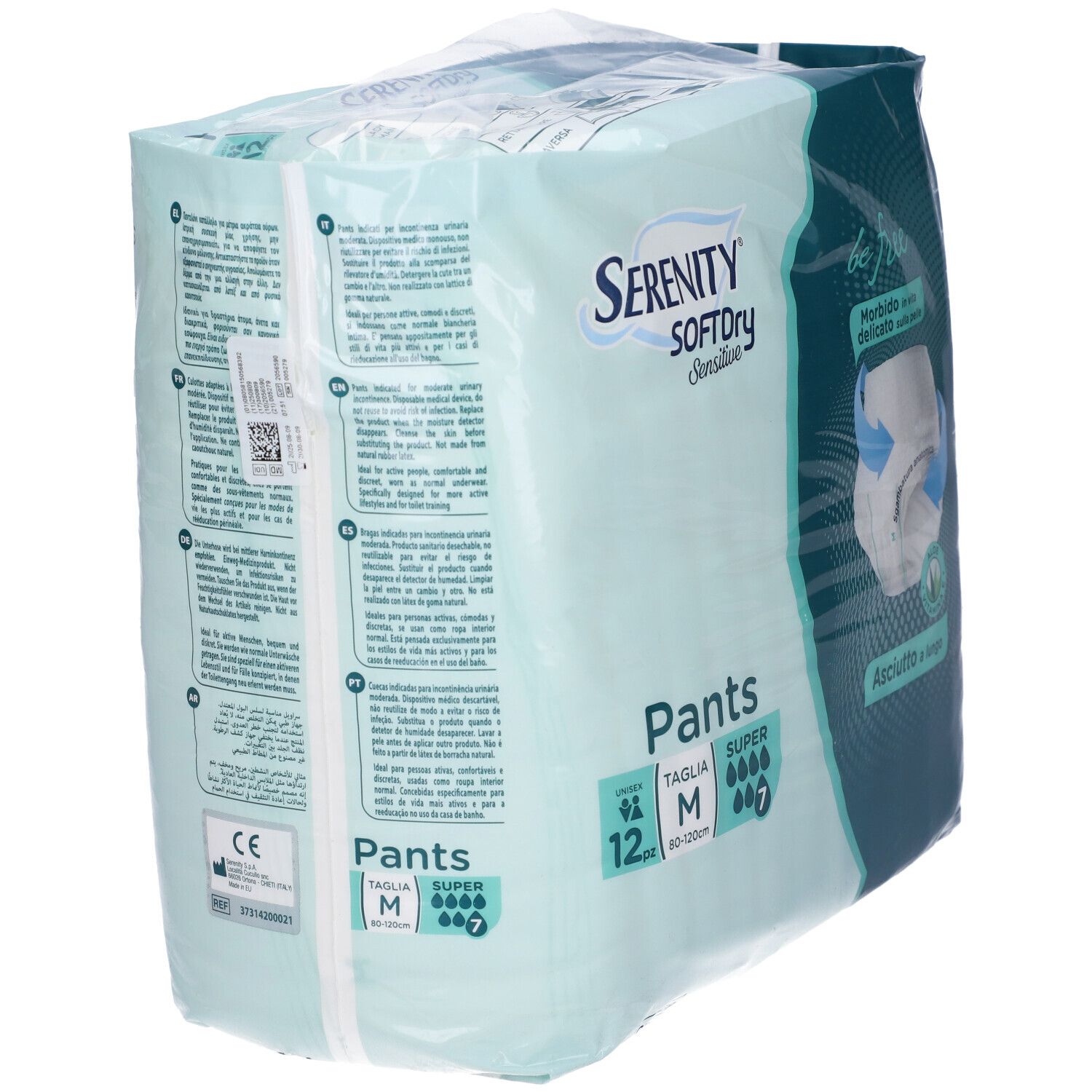 Confezione Serenity Pants Sd Sensitive Super M, 12 pezzi. Retro con testo e simboli. Scritta: Traspirante.