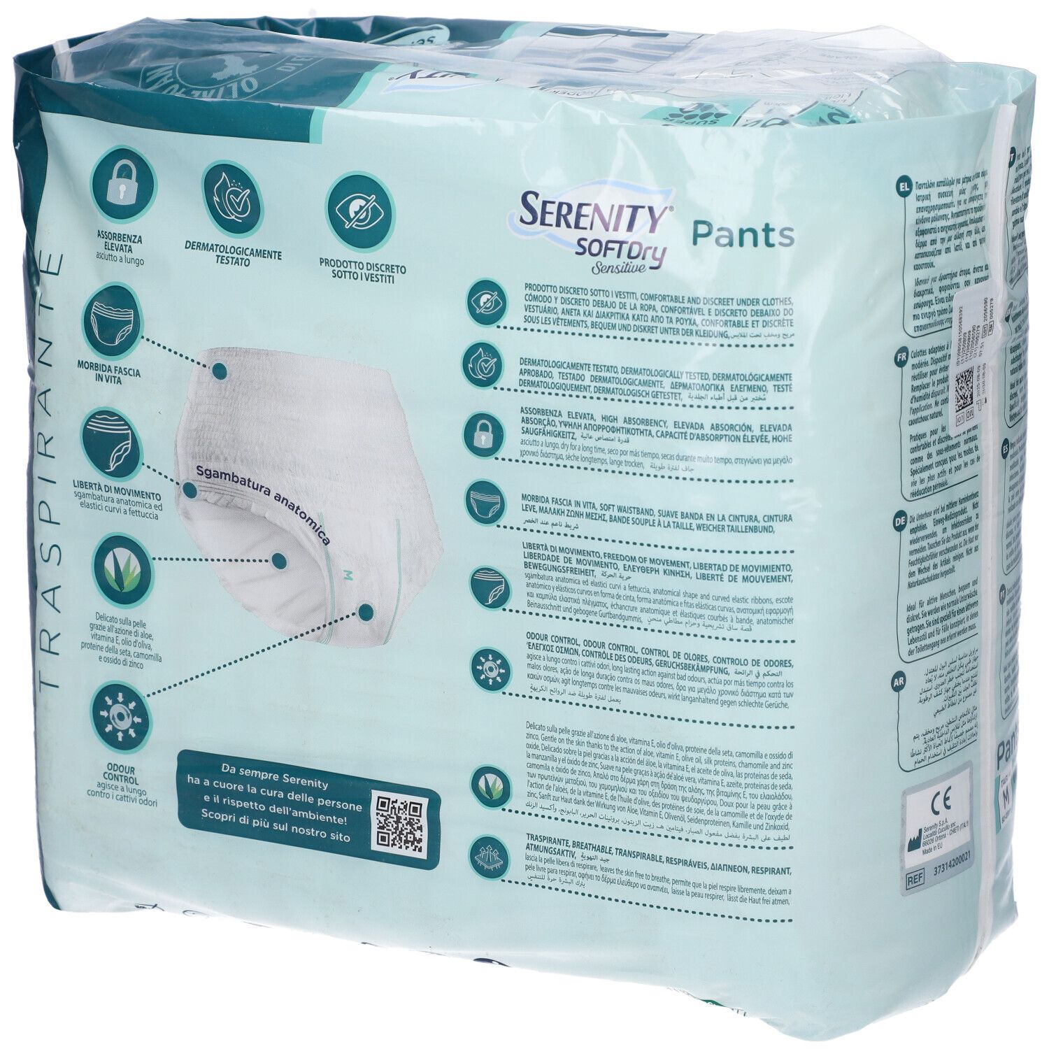 Confezione Serenity Pants Sd Sensitive Super M, 12 pezzi. Retro con simboli e testo. Scritta: Traspirante.