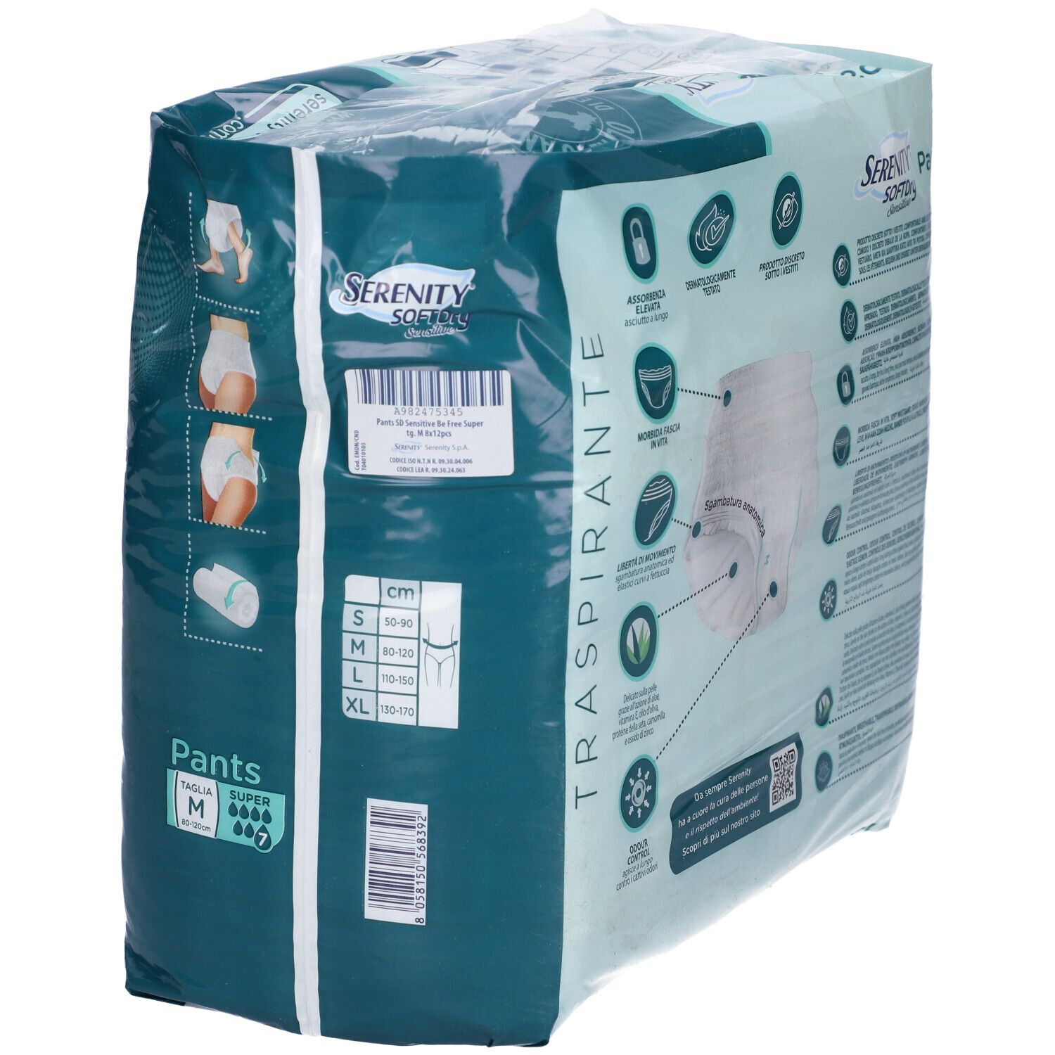 Confezione Serenity Pants Sd Sensitive Super M, 12 pezzi. Retro con indicazioni taglie. Scritta: Traspirante.