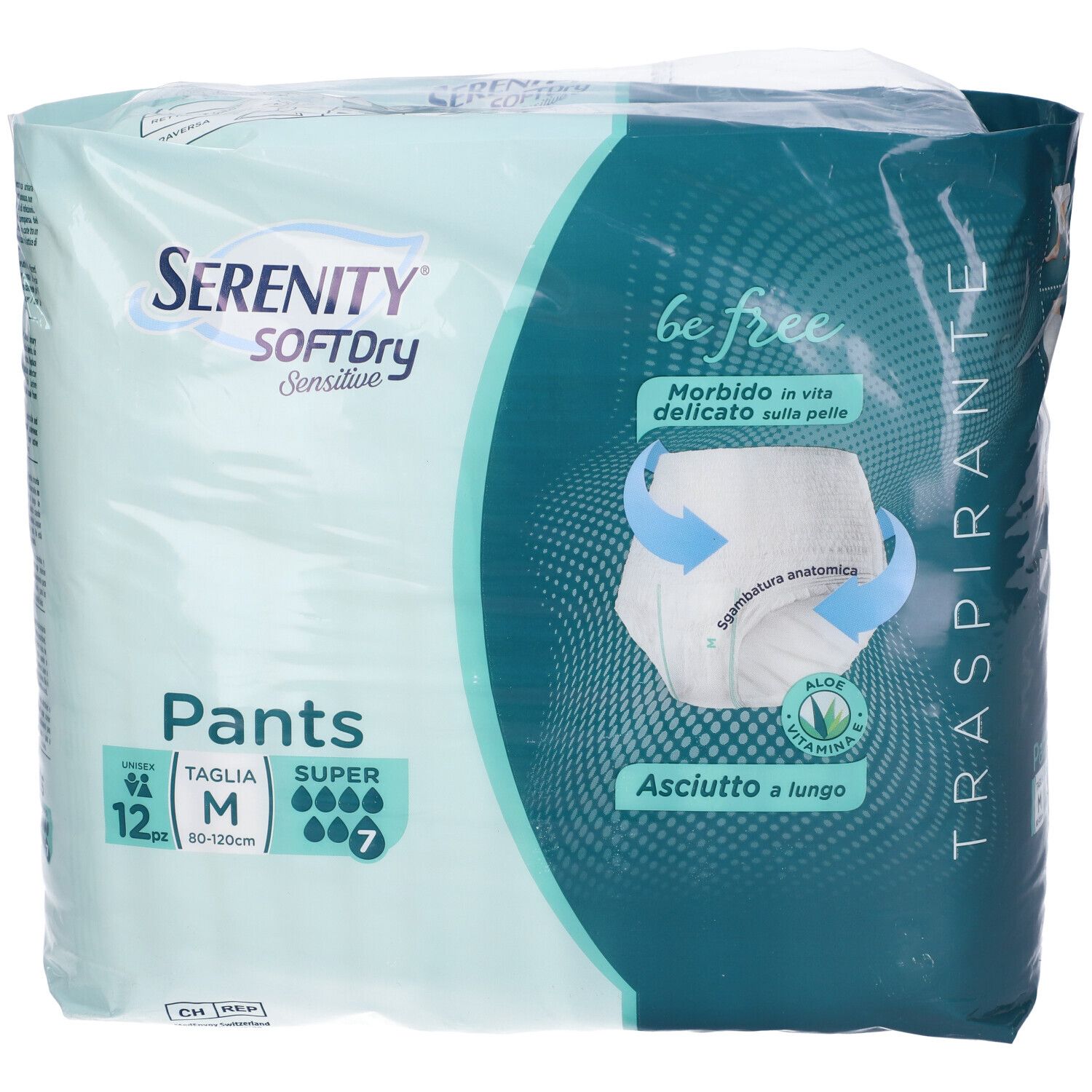 Confezione Serenity Pants Sd Sensitive Super M, 12 pezzi. Verde e bianco. Forma anatomica, Aloe Vera. Scritta: Traspirante.