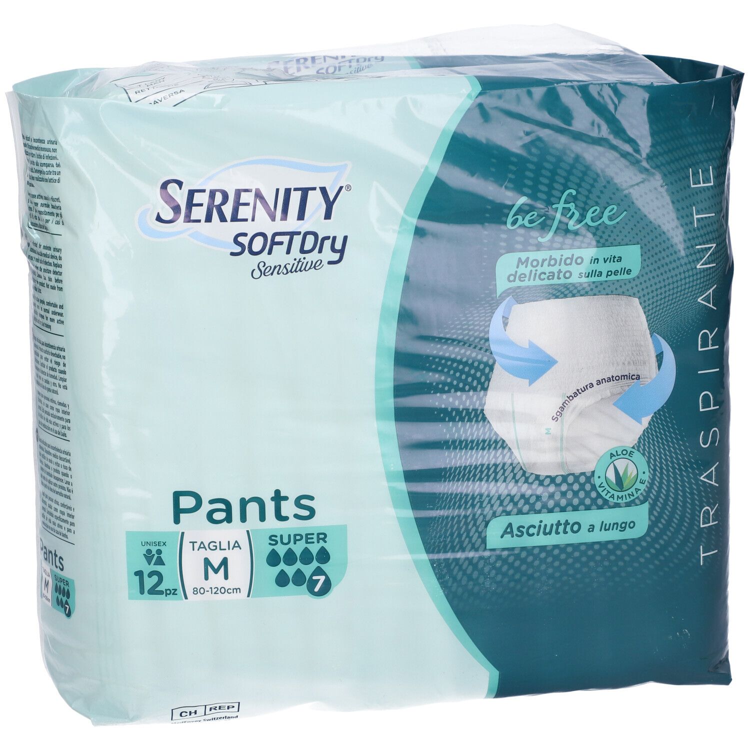 Confezione Serenity Pants Sd Sensitive Super M, 12 pezzi. Verde e bianco. Forma anatomica, Aloe Vera. Scritta: Traspirante.