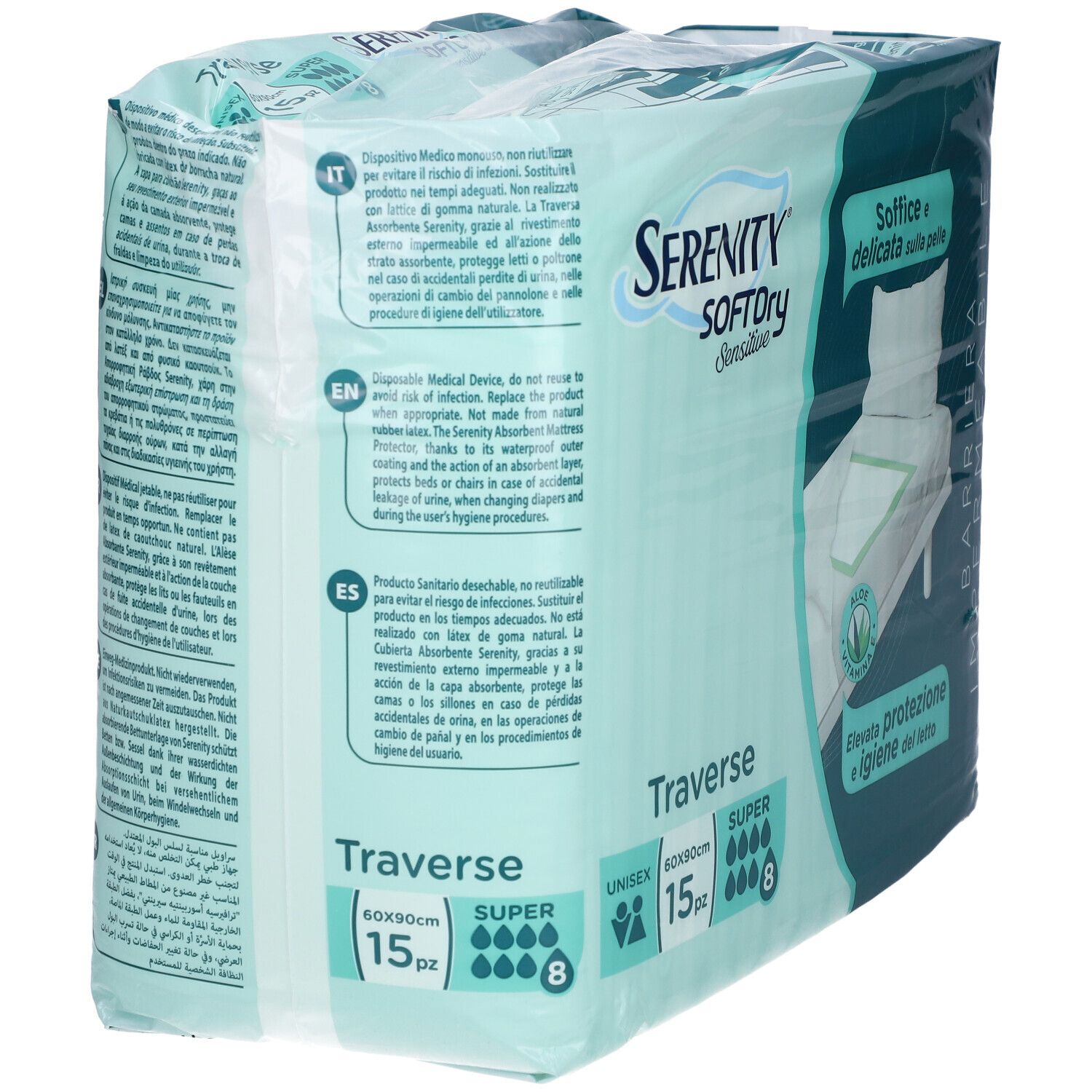 Confezione di Serenity SoftDRY Sensitive Traversa. Retro con testi multilingue. 15 pezzi, 60x90cm.