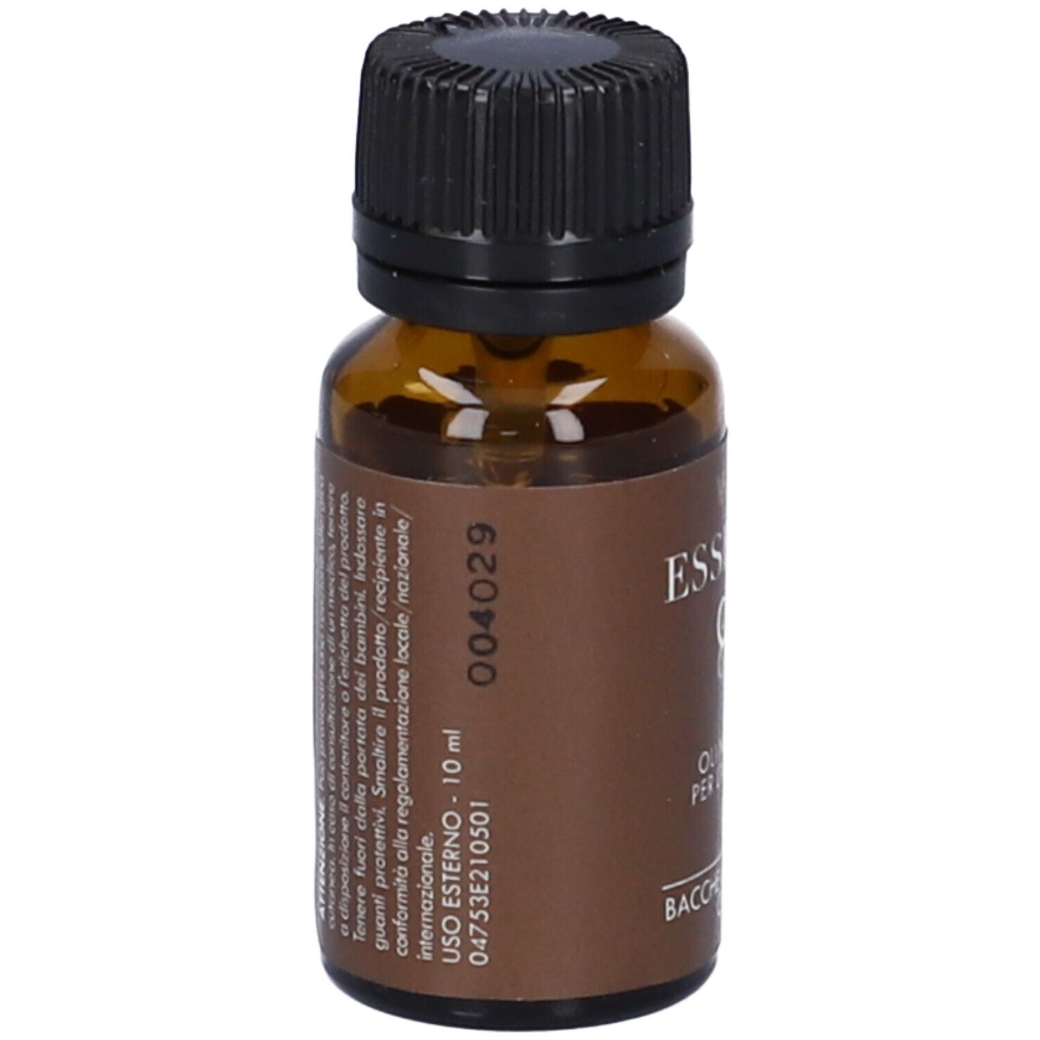 Flacone di vetro marrone con tappo nero. Scritta: ESSENTIA, 10 ml. Testo in italiano.