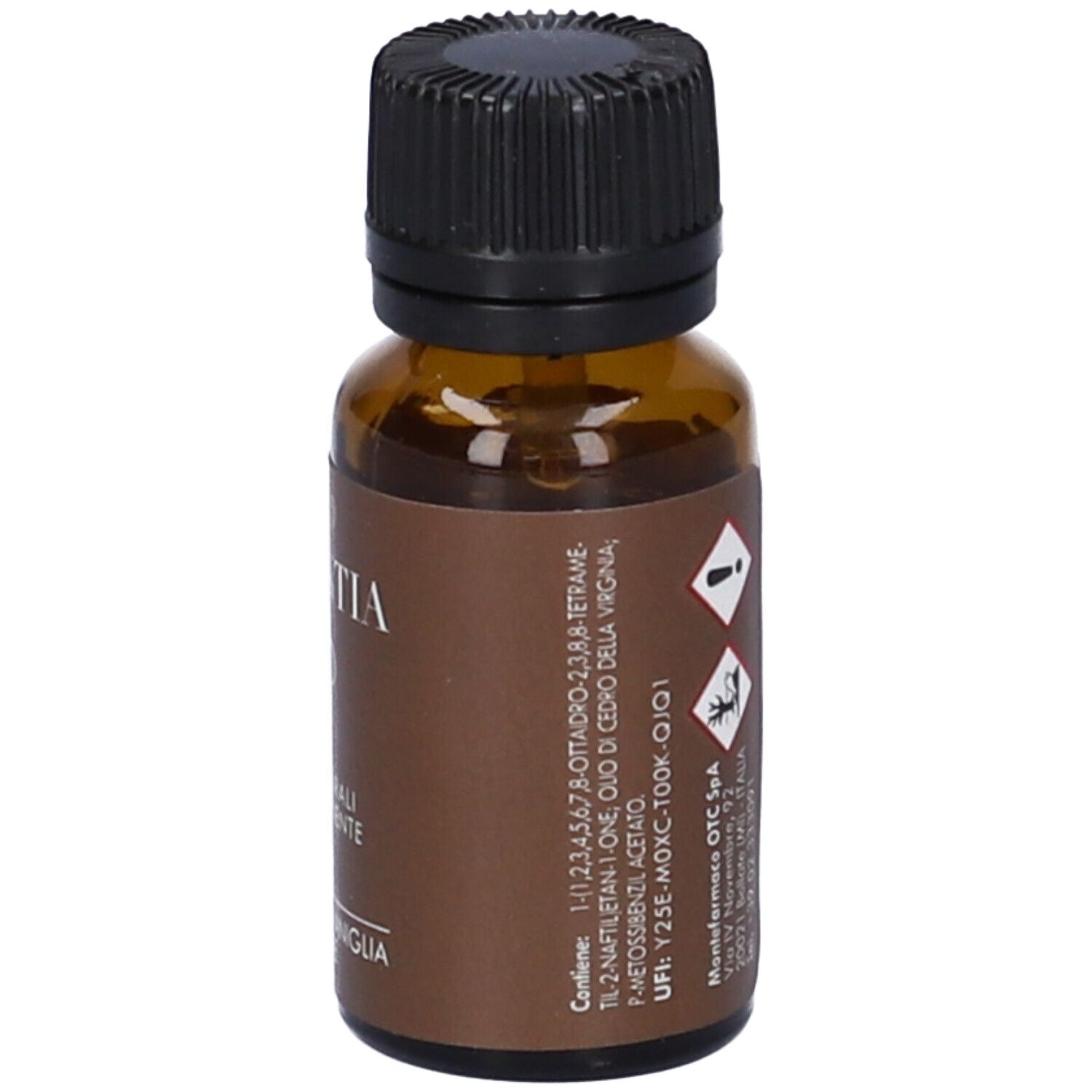 Flacone di vetro marrone con tappo nero. Ingredienti e testo in italiano.