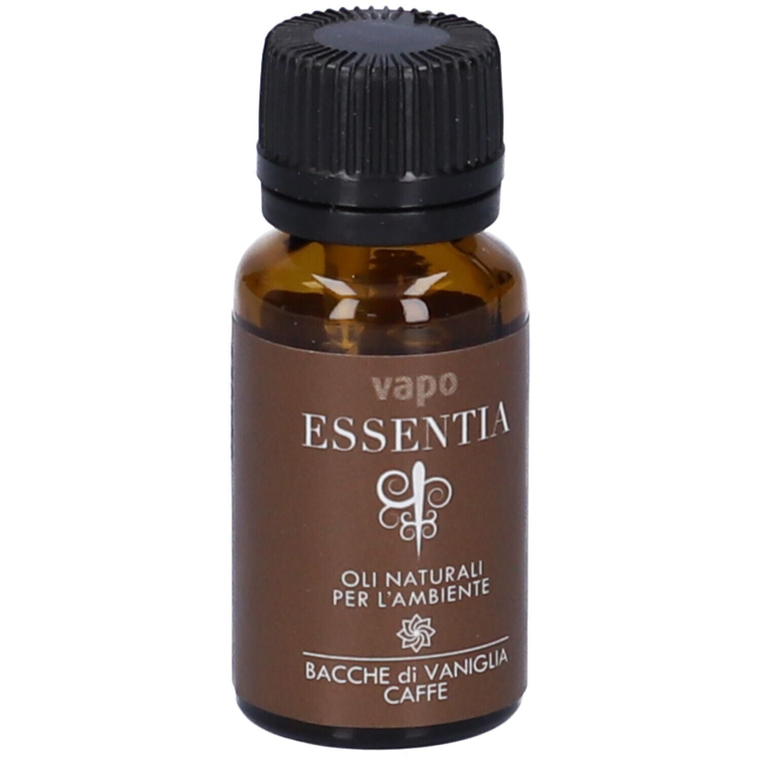 Flacone di vetro marrone con tappo nero. Scritta: ESSENTIA, oli per l'ambiente, Bacche di Vaniglia Caffe.