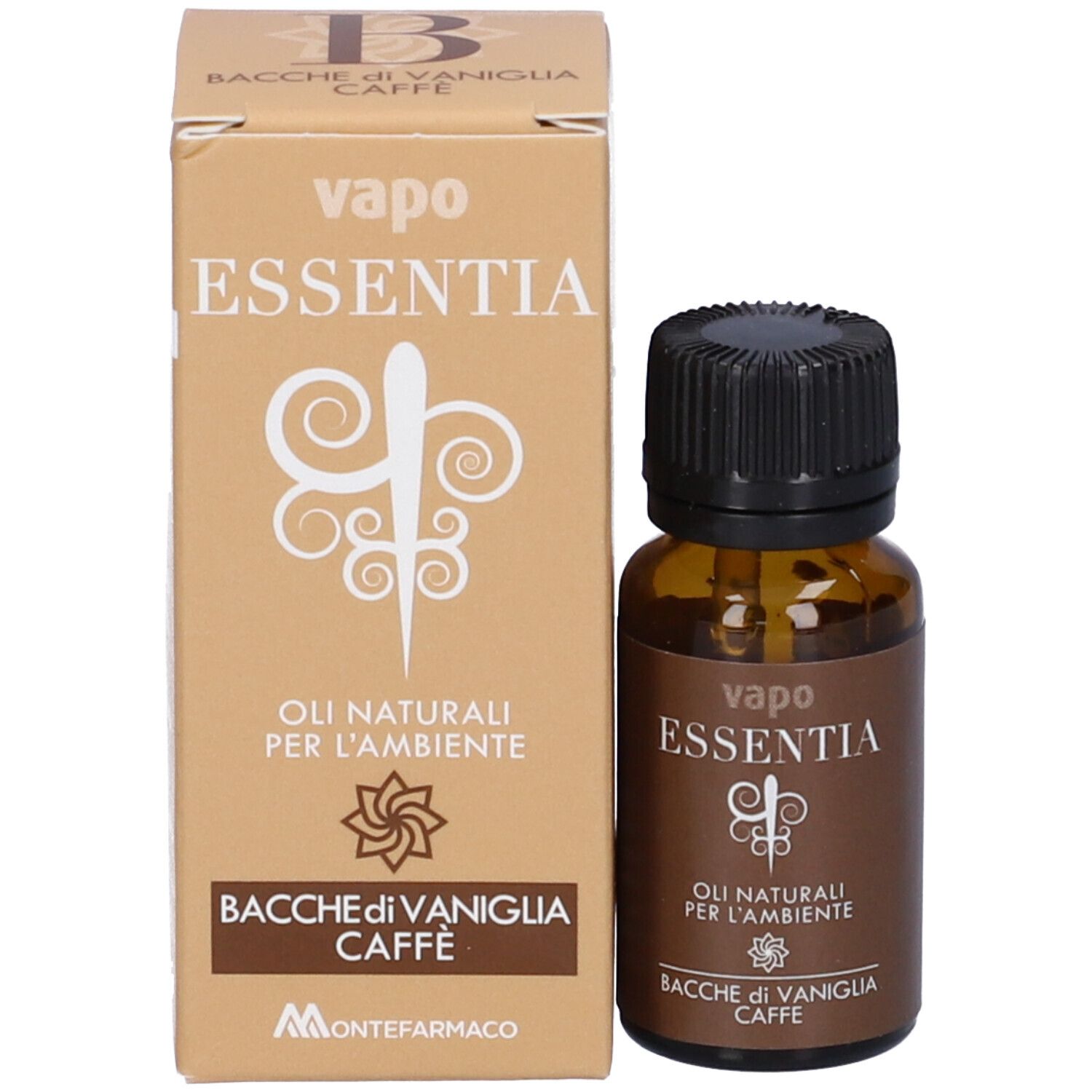 Flacone di vetro marrone e scatola. Scritta: ESSENTIA, oli per l'ambiente, Bacche di Vaniglia Caffe. Marchio: Montefarmaco.