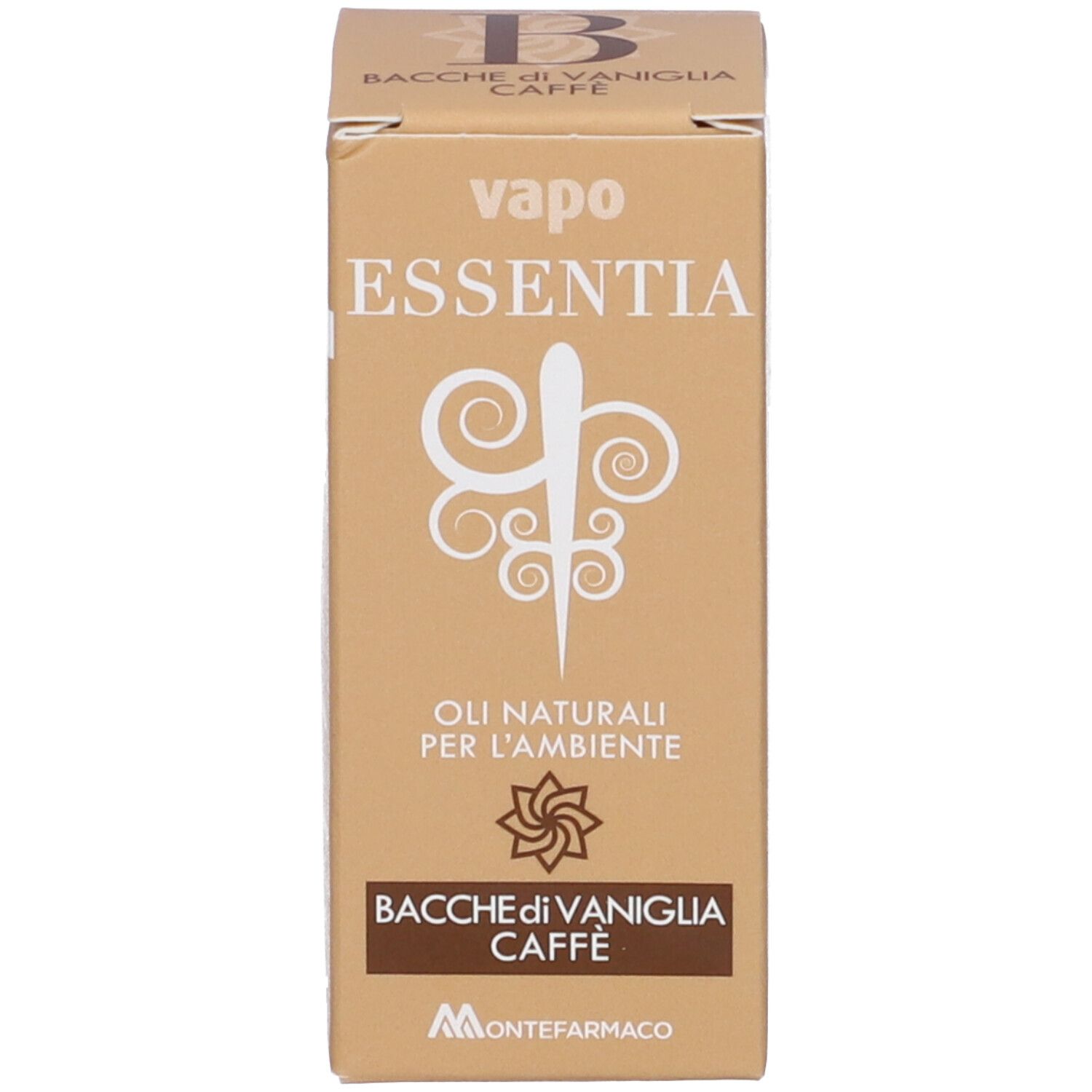 Scatola. Scritta: ESSENTIA, oli per l'ambiente, Bacche di Vaniglia Caffe. Marchio: Montefarmaco.