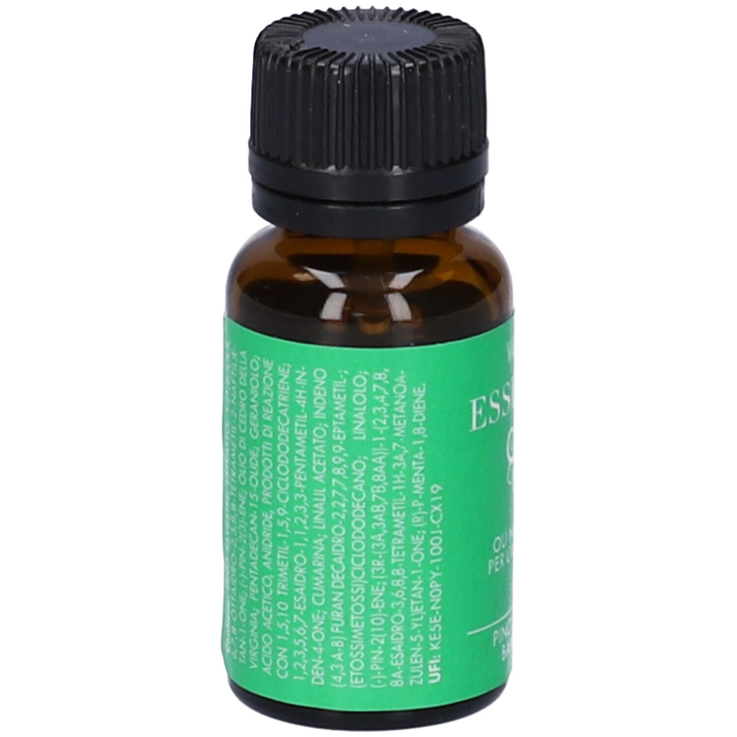 Flacone di vetro marrone con tappo nero. Etichetta verde con ingredienti e avvertenze in italiano.