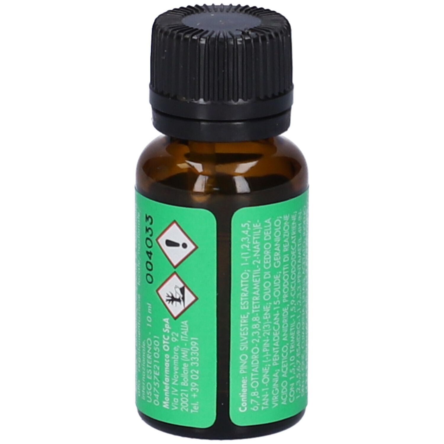 Flacone di vetro marrone con tappo nero. Etichetta verde con simboli di avvertenza e ingredienti in italiano.
